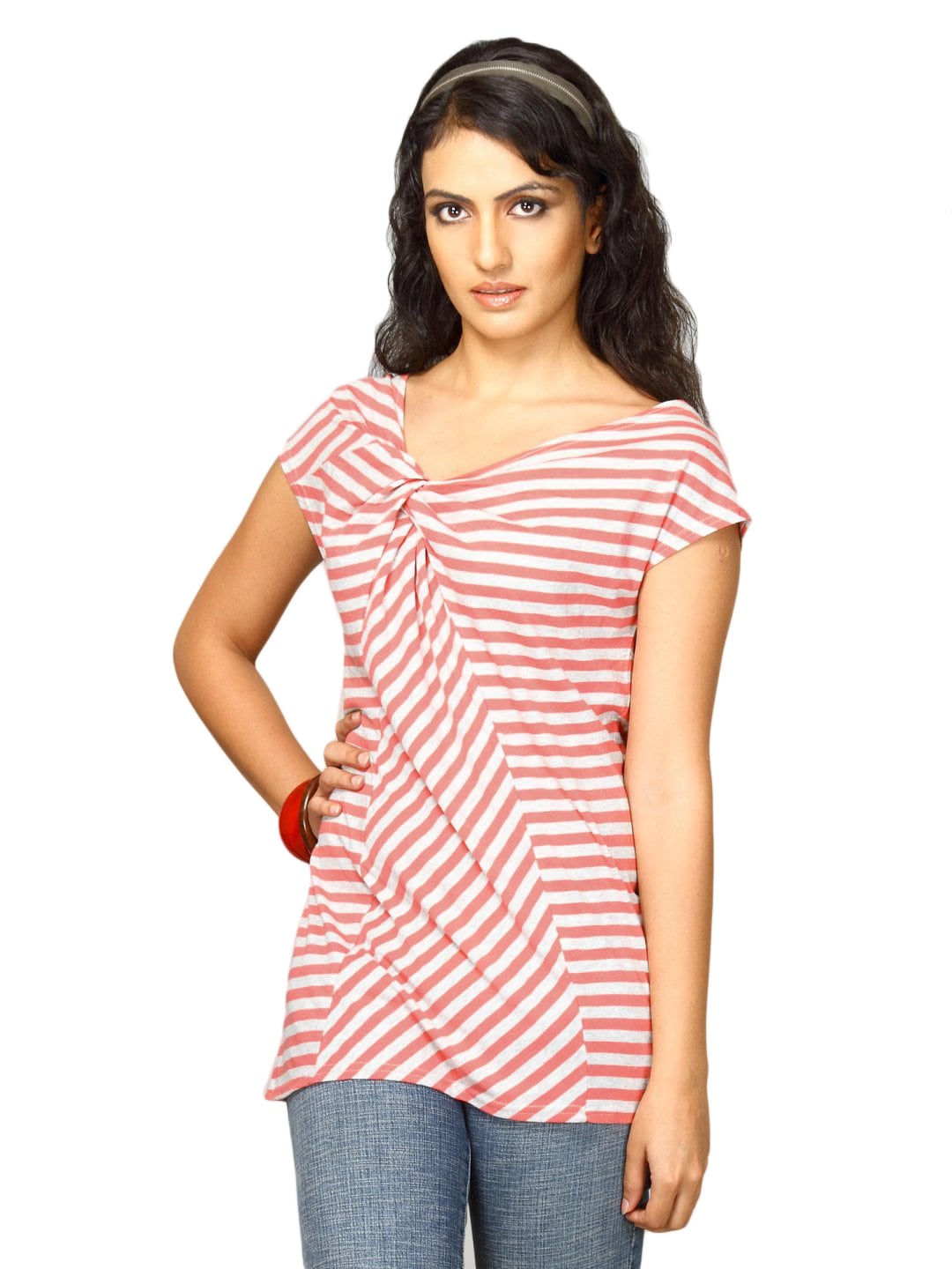 UCB Women Stripe Sleeveless Grey Orange Top