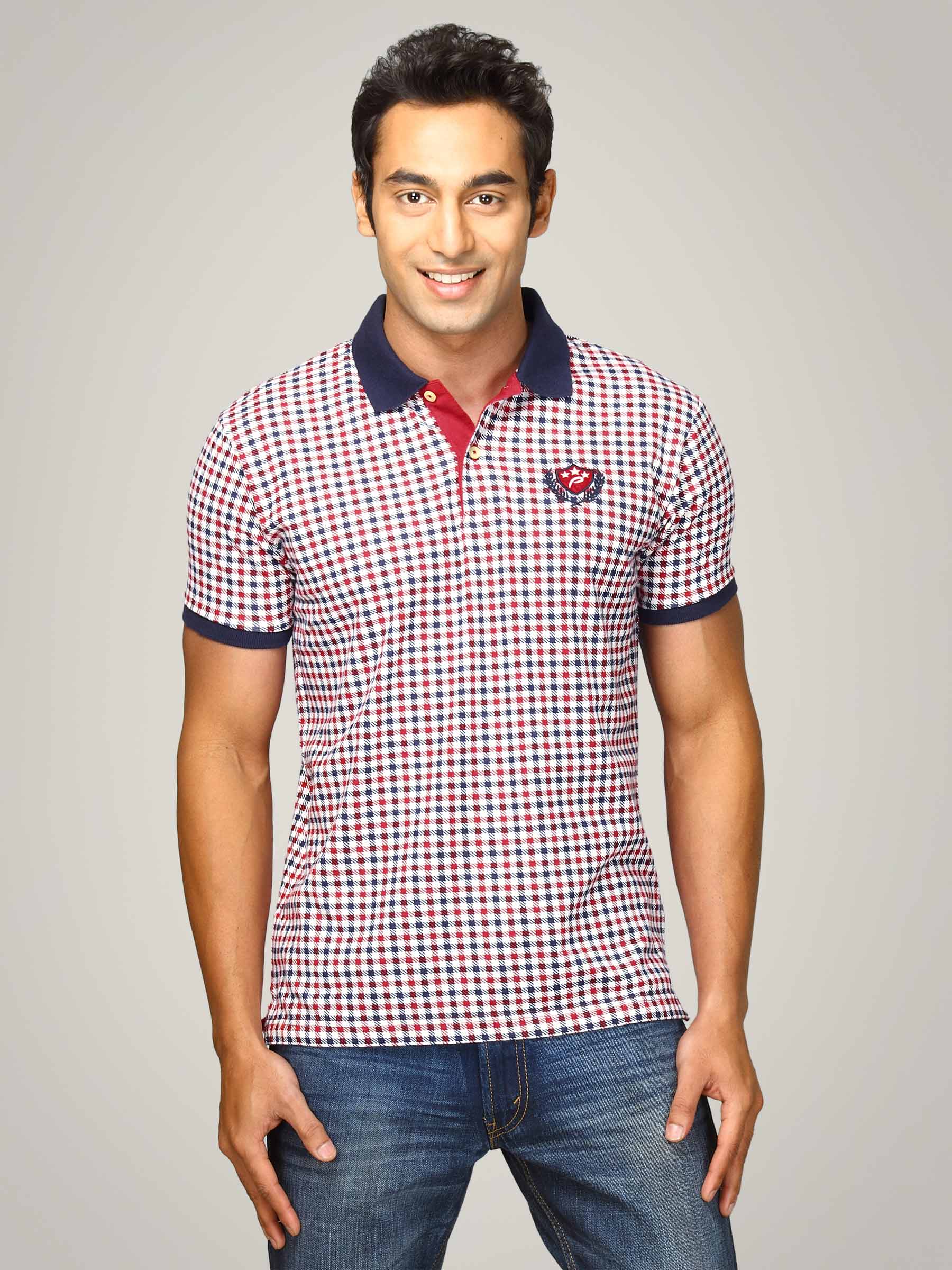 Proline Men Red & Navy Checked Polo T-shirt