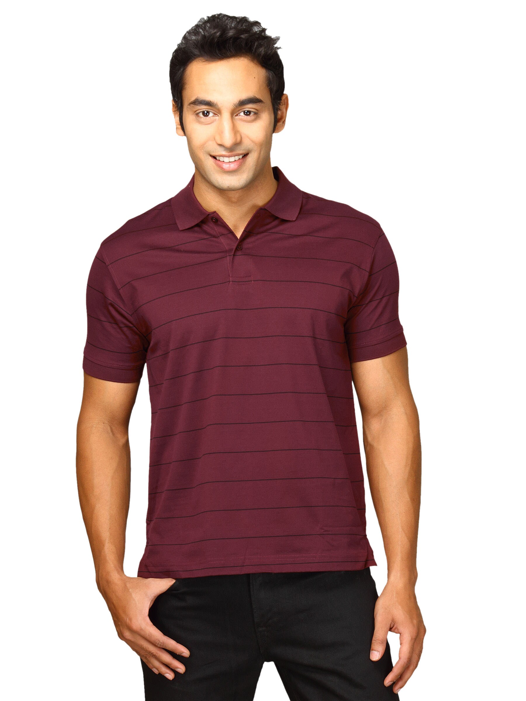 Proline Men Burgundy Striped Polo T-shirt