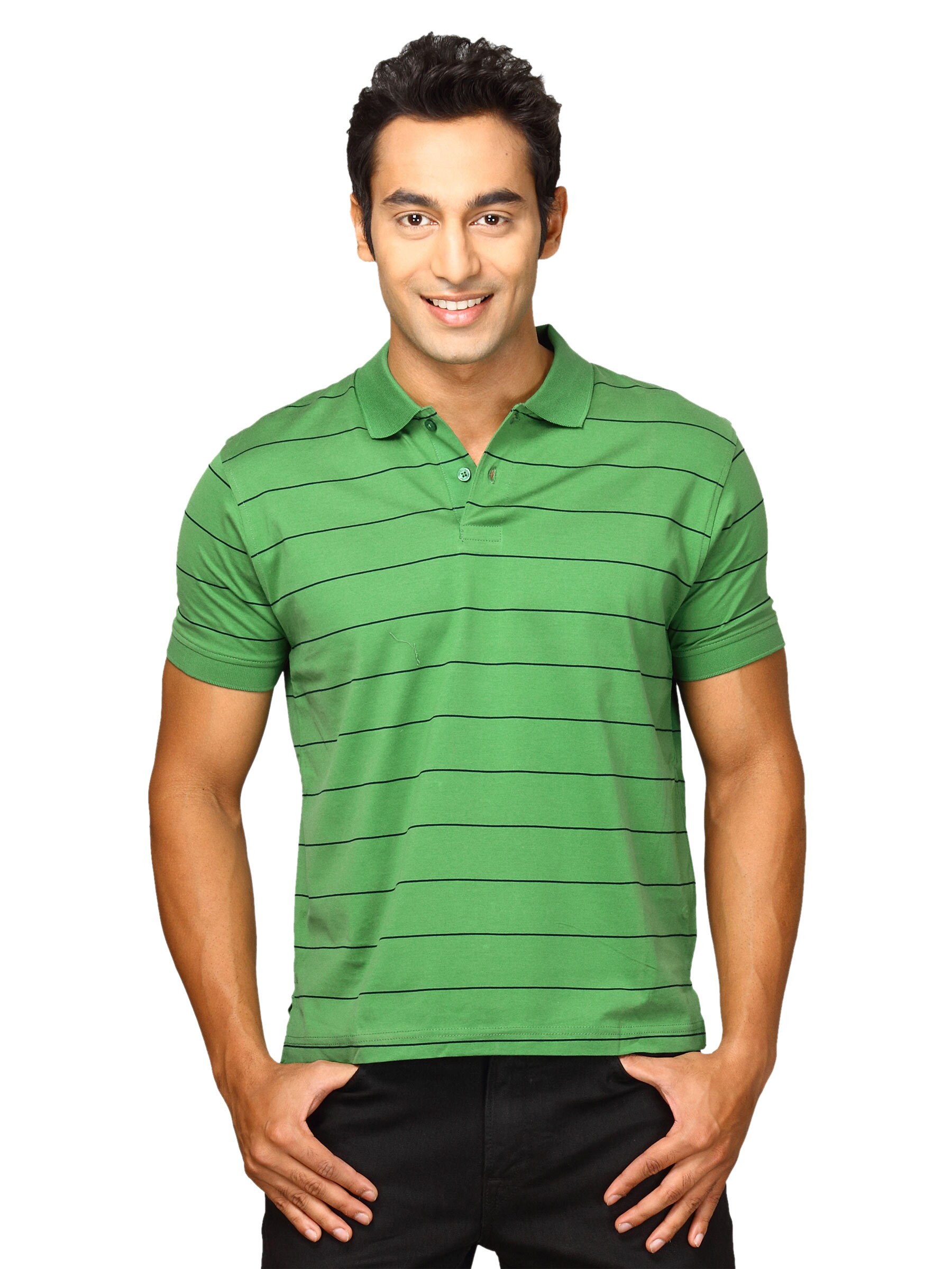 Proline Men Green Striped Polo T-shirt