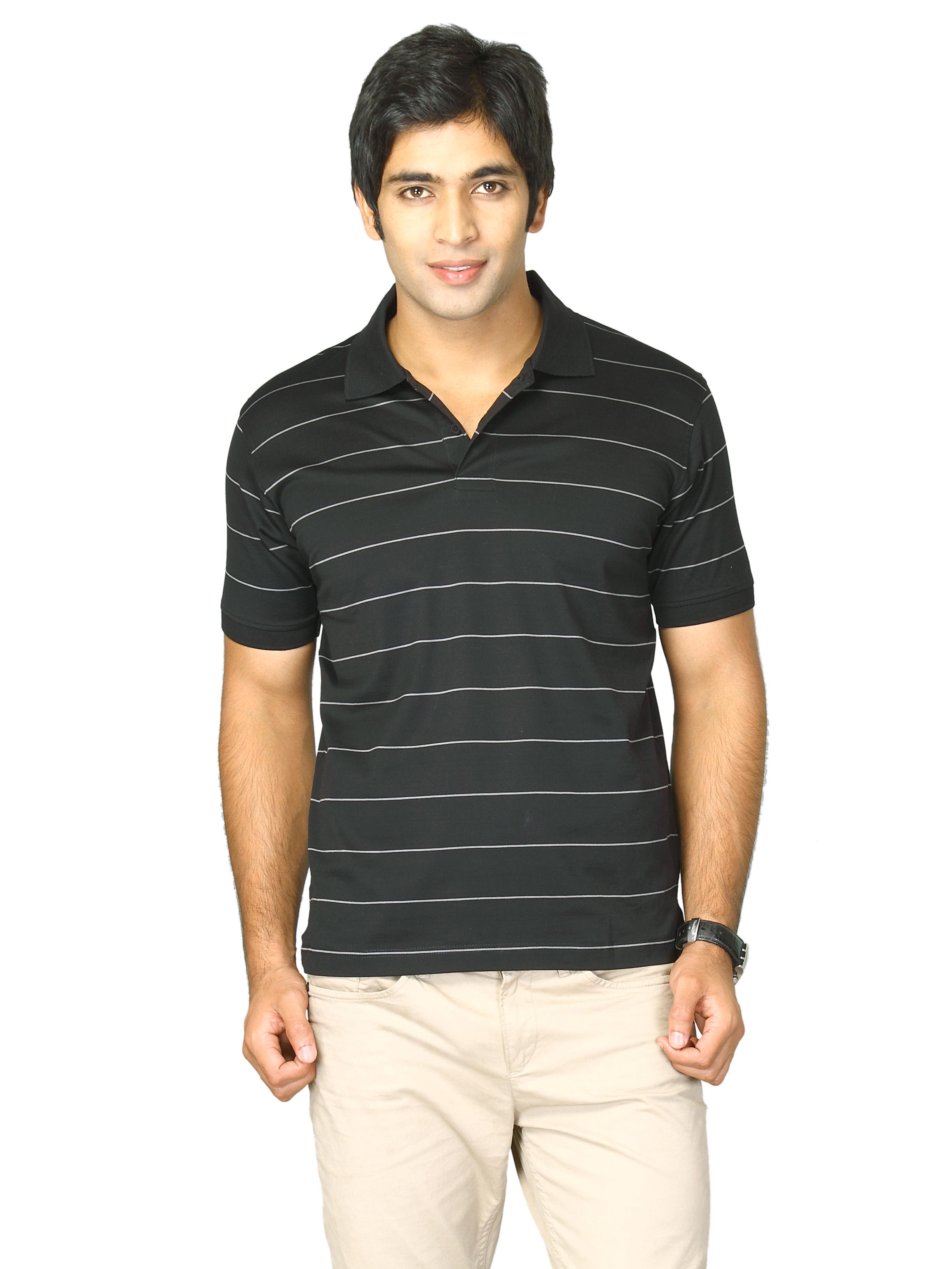 Proline Men Black Striped Polo T-shirt