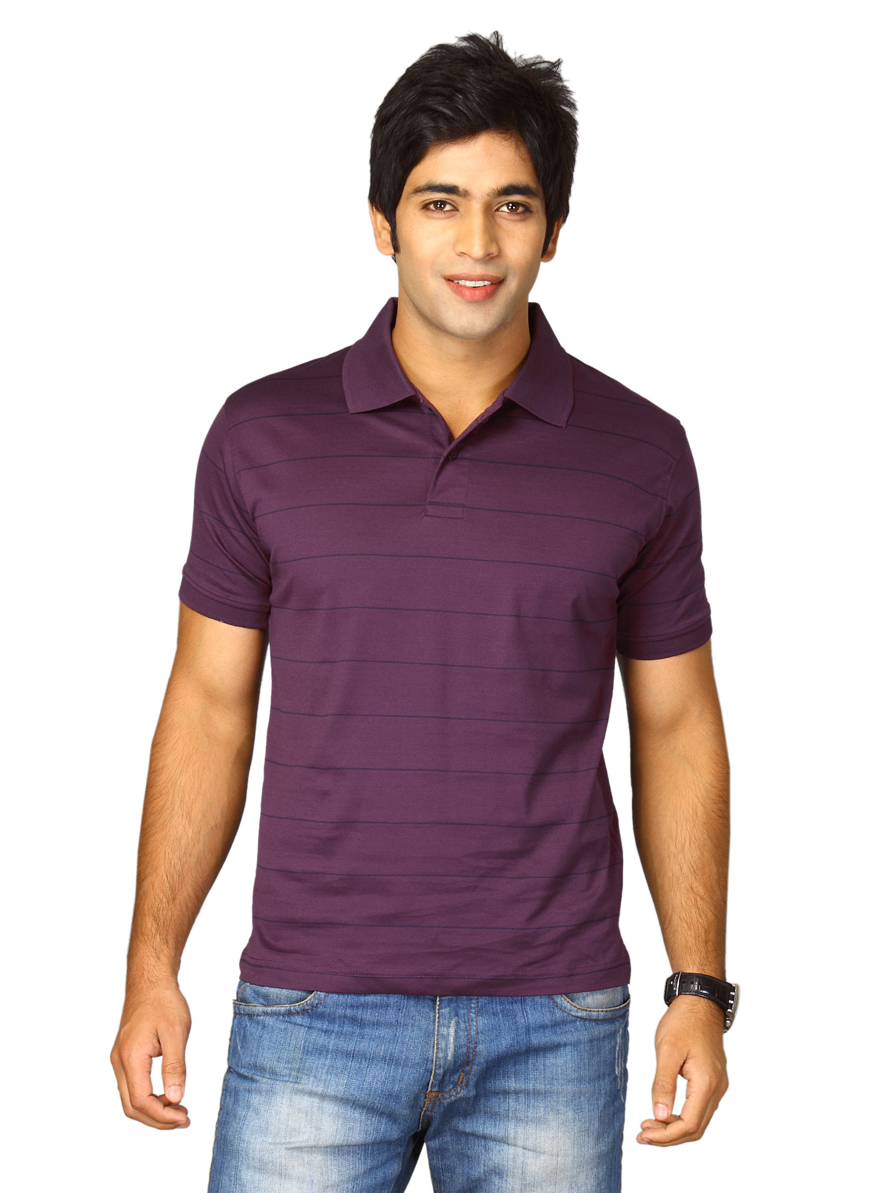 Proline Men Purple Striped Polo T-shirt