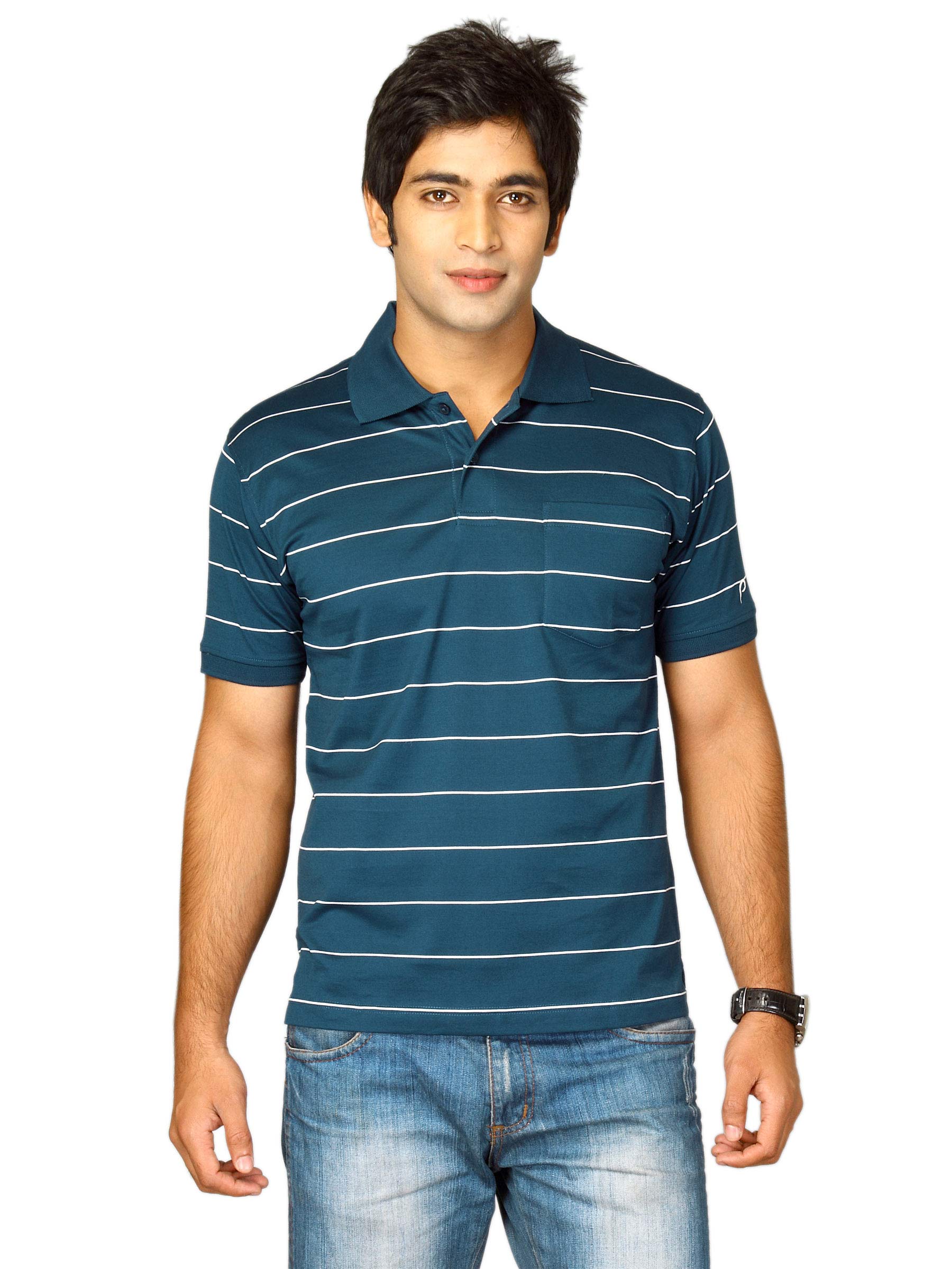 Proline Men Teal Blue Striped Polo T-shirt