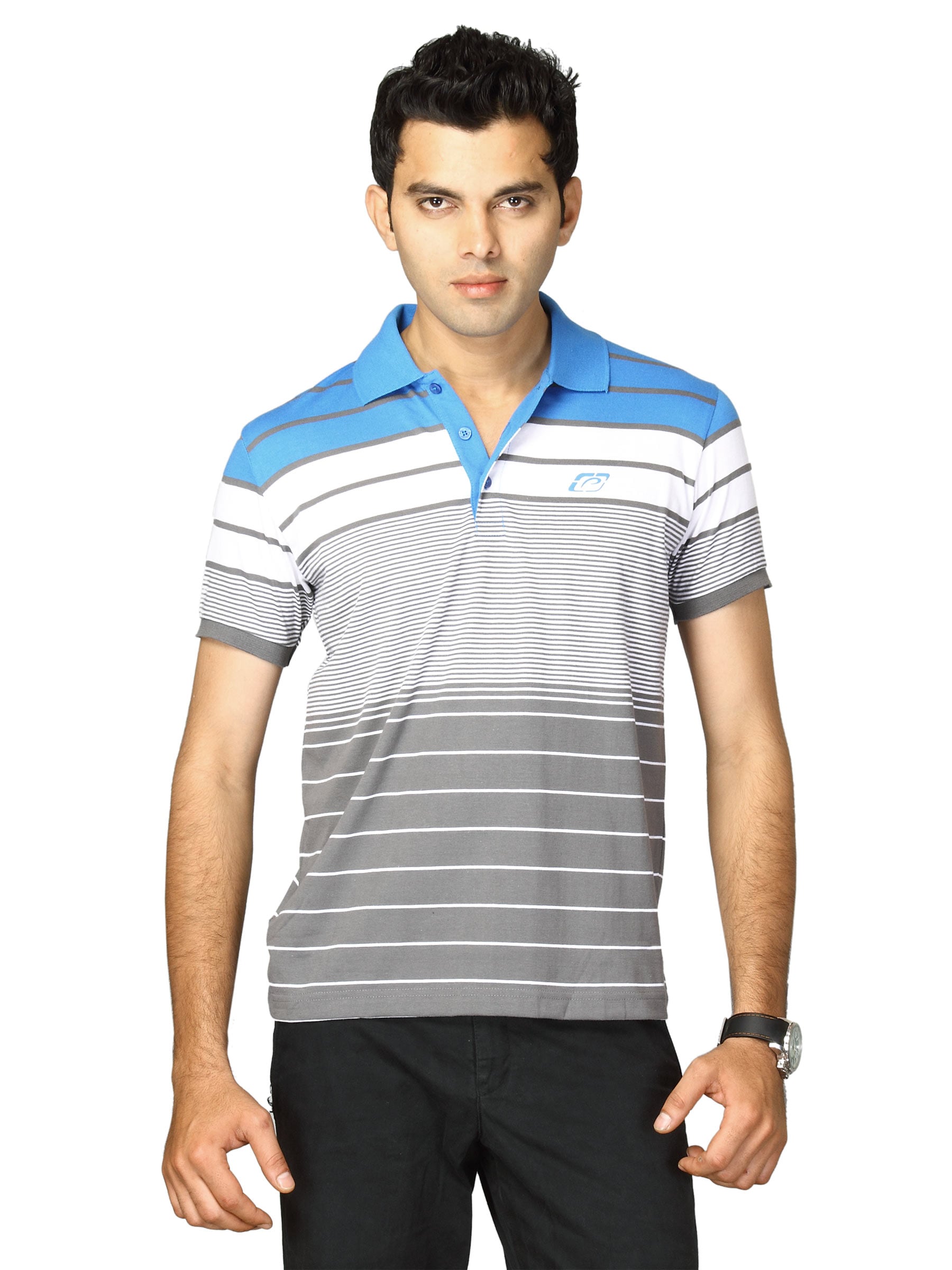 Proline Men Grey & Blue Striped Polo T-shirt