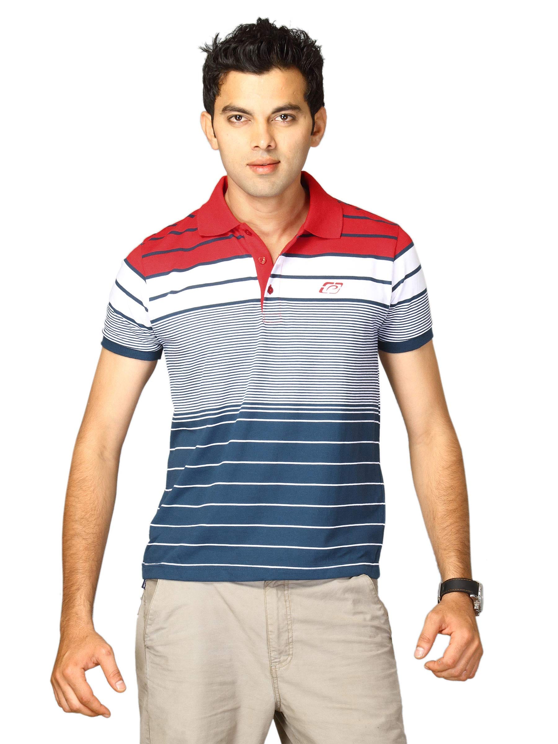 Proline Men Blue & White Striped Polo T-shirt