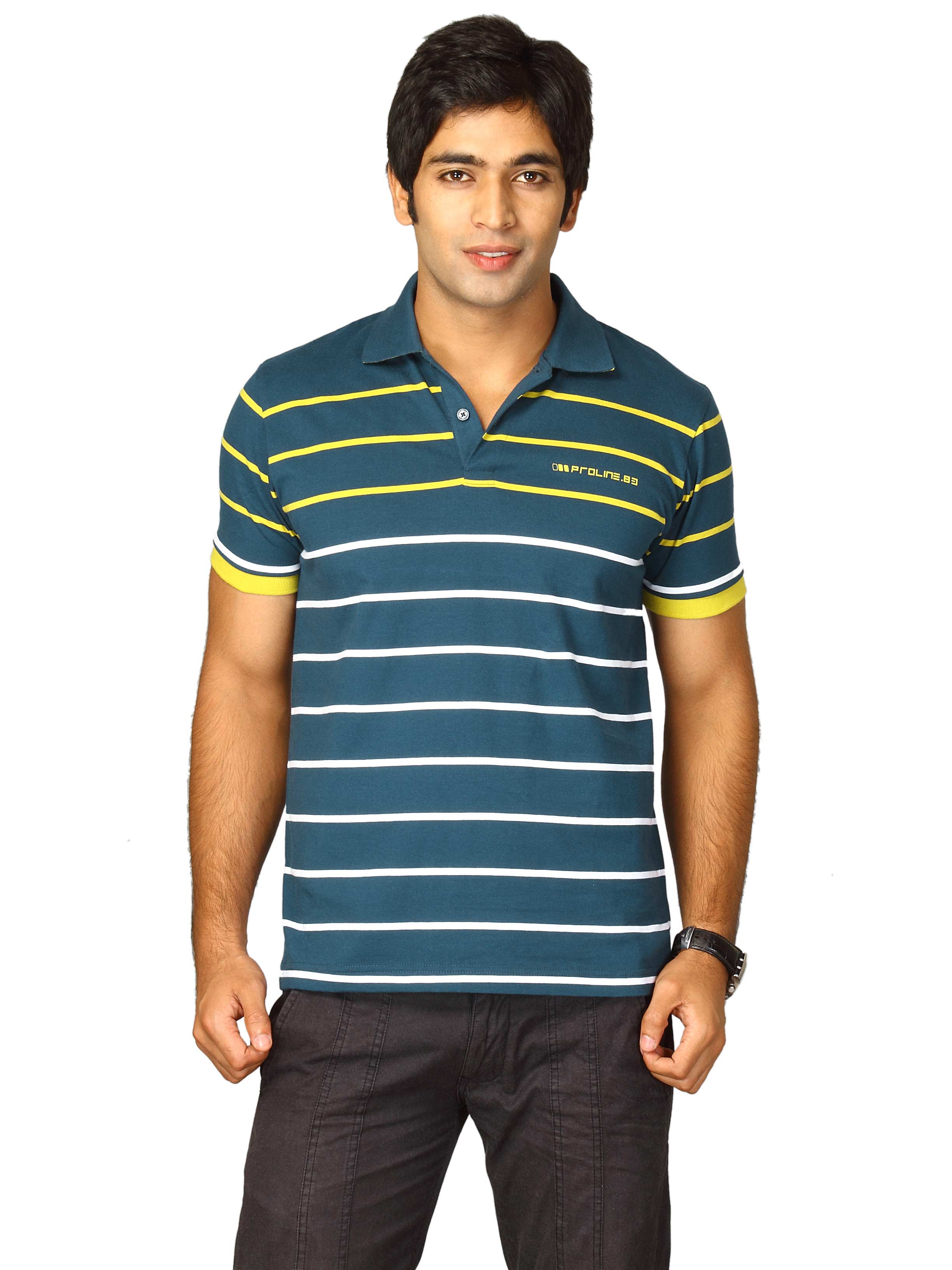 Proline Men Teal Blue Striped Polo T-shirt