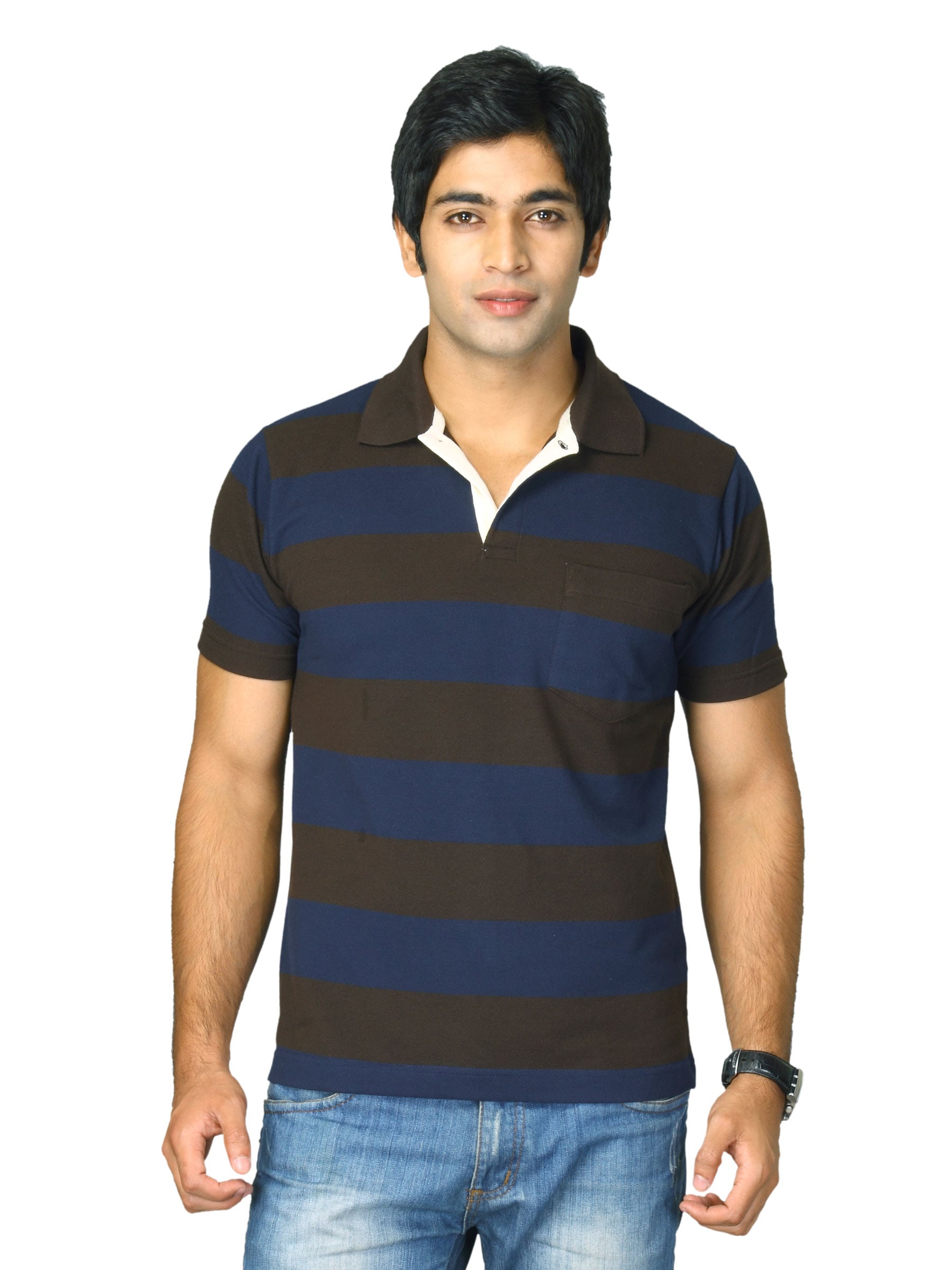 Proline Men Black & Navy Striped Polo T-shirt