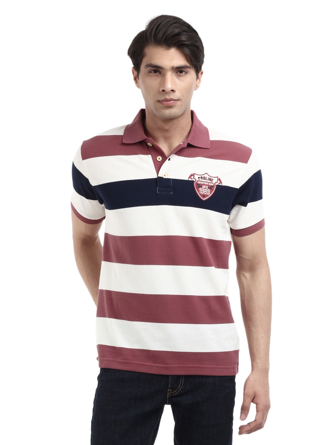 Proline Men Cream & Purple Striped Polo T-shirt