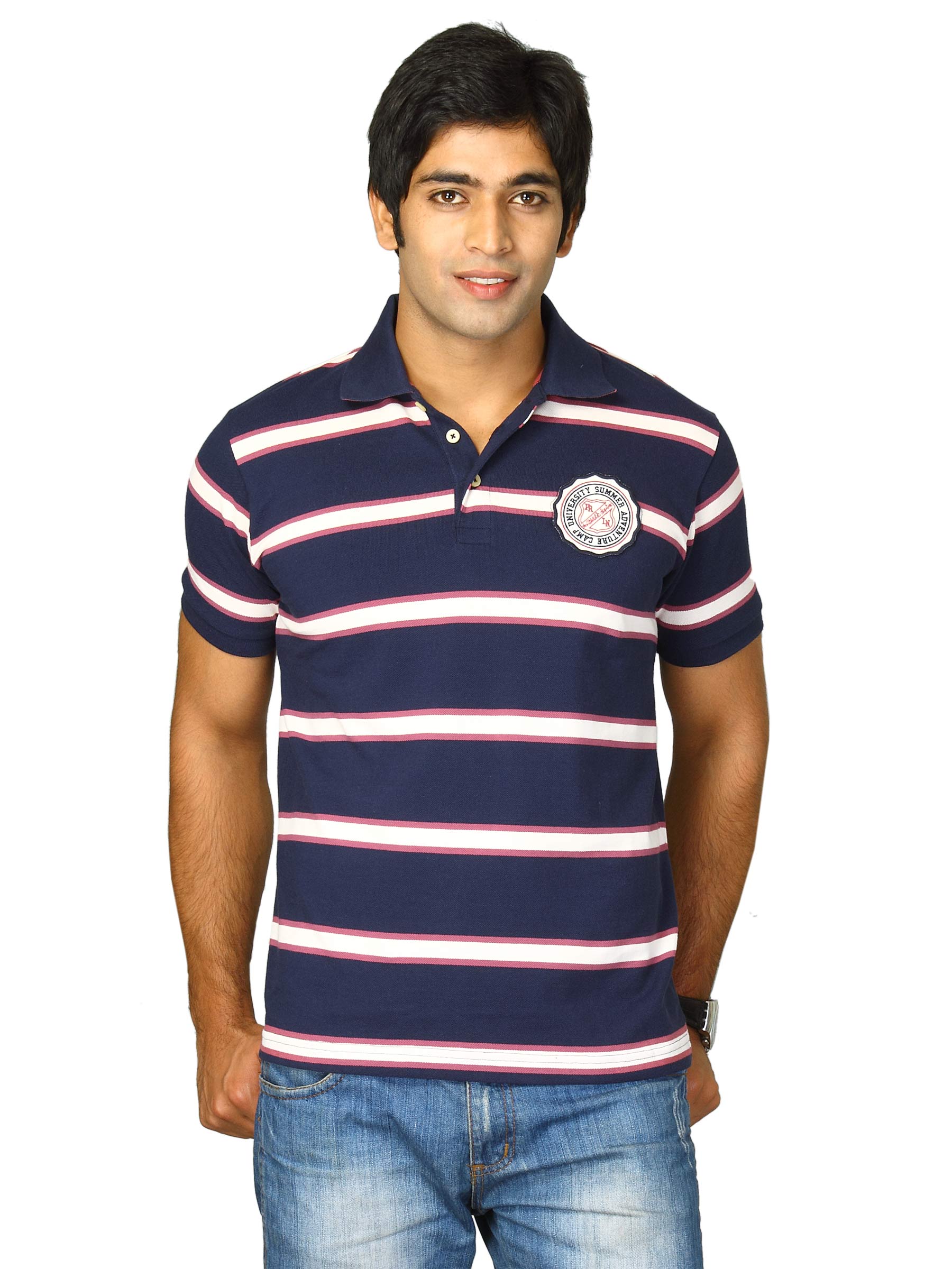 Proline Men Navy & Cream Striped Polo T-shirt