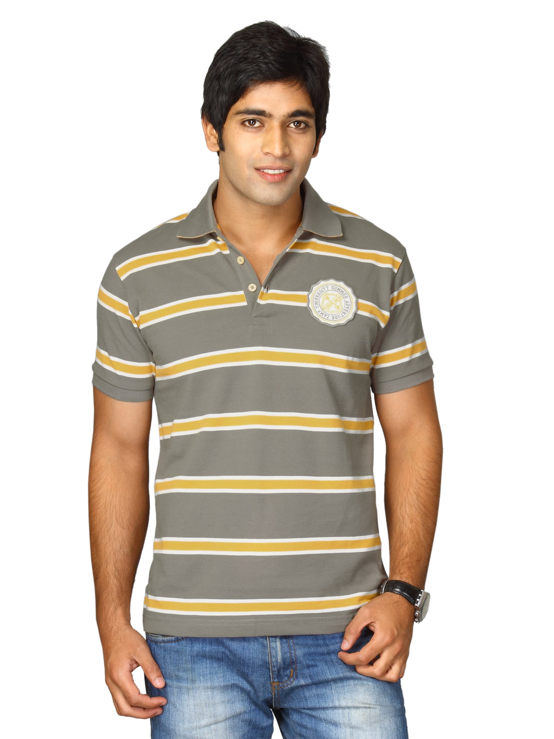 Proline Men Grey & Yellow Striped Polo T-shirt