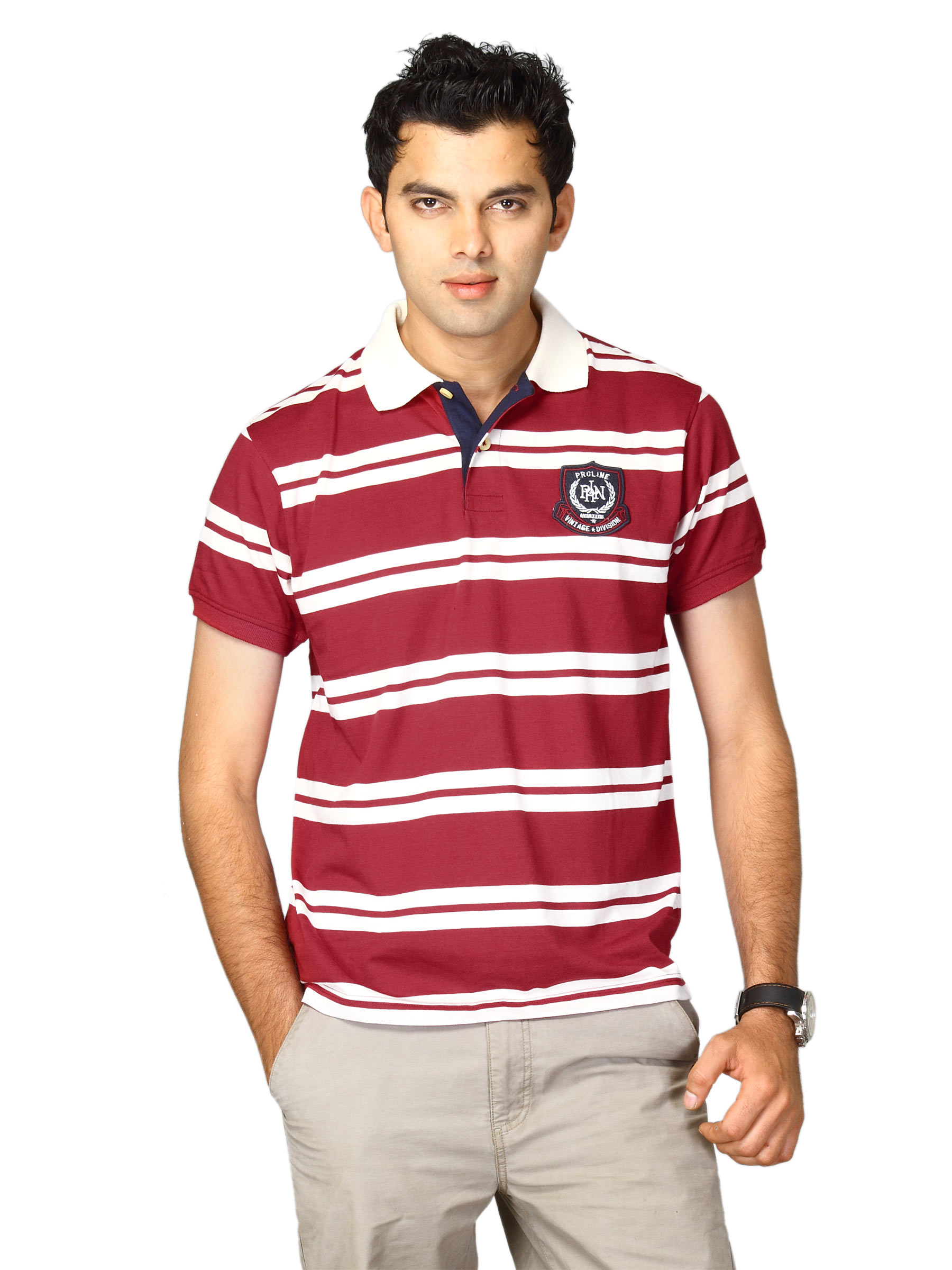 Proline Men Red & White Striped Polo T-shirt