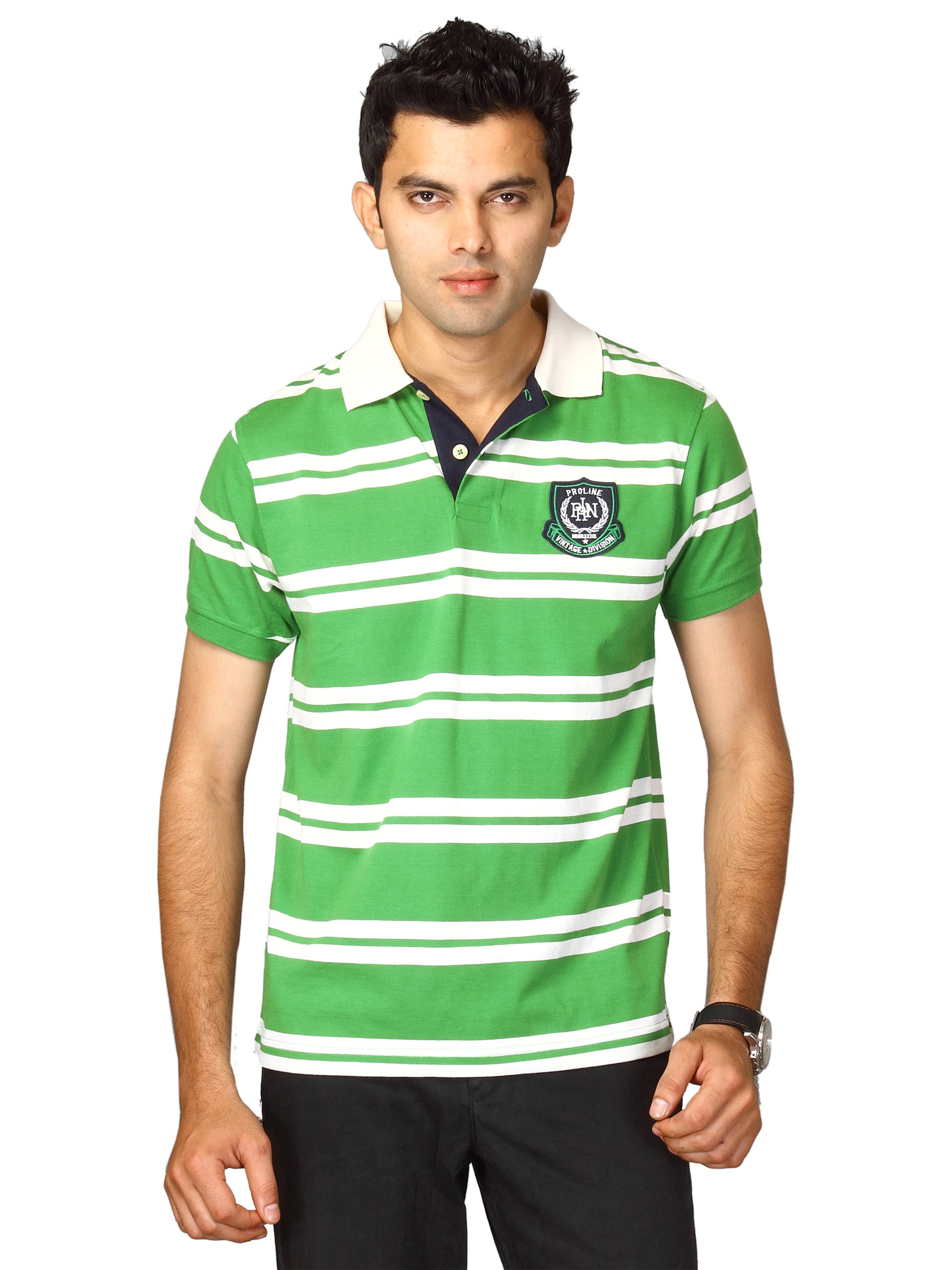 Proline Men Green & White Striped Polo T-shirt