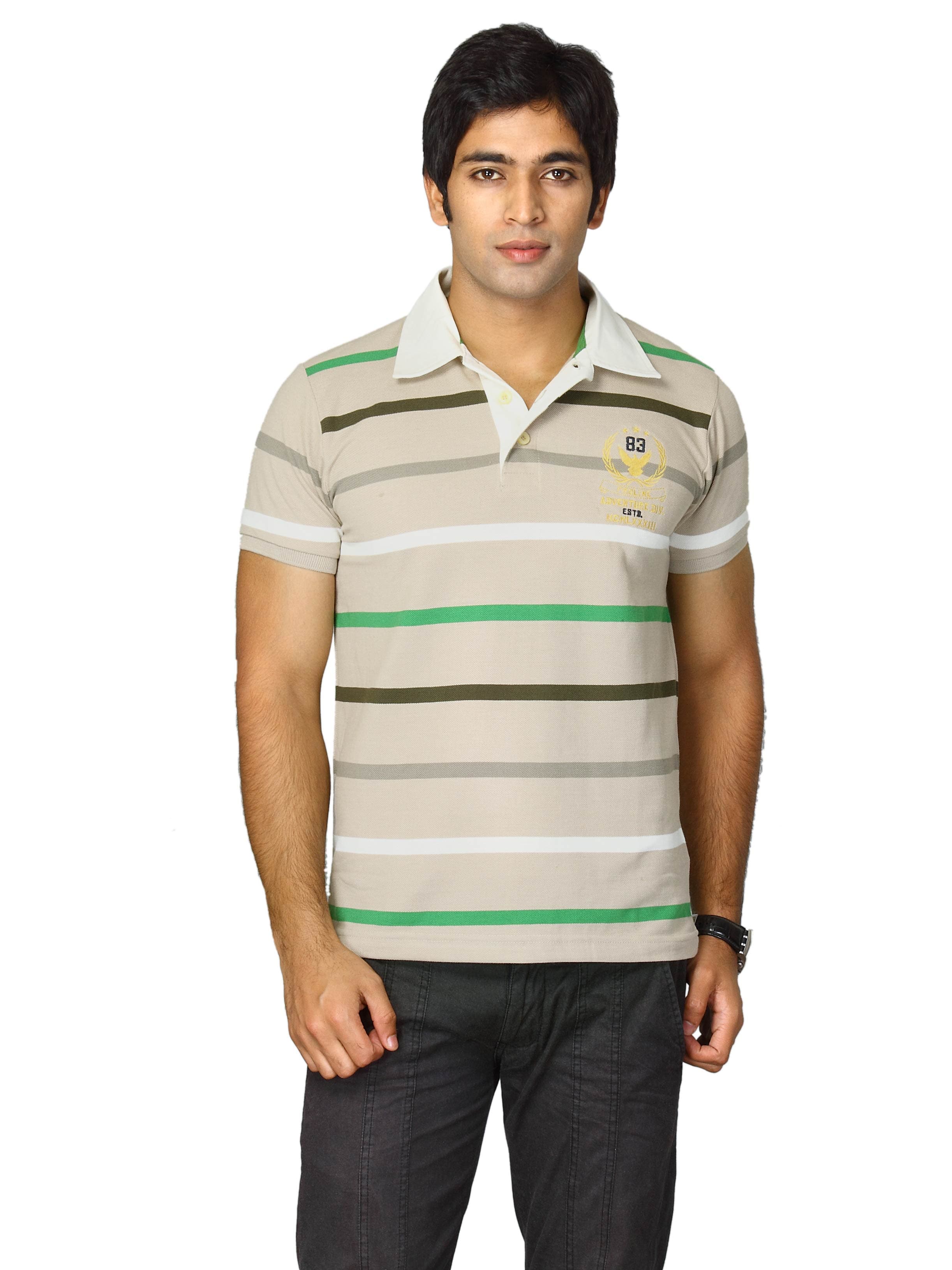 Proline Men Beige Striped Polo T-shirt