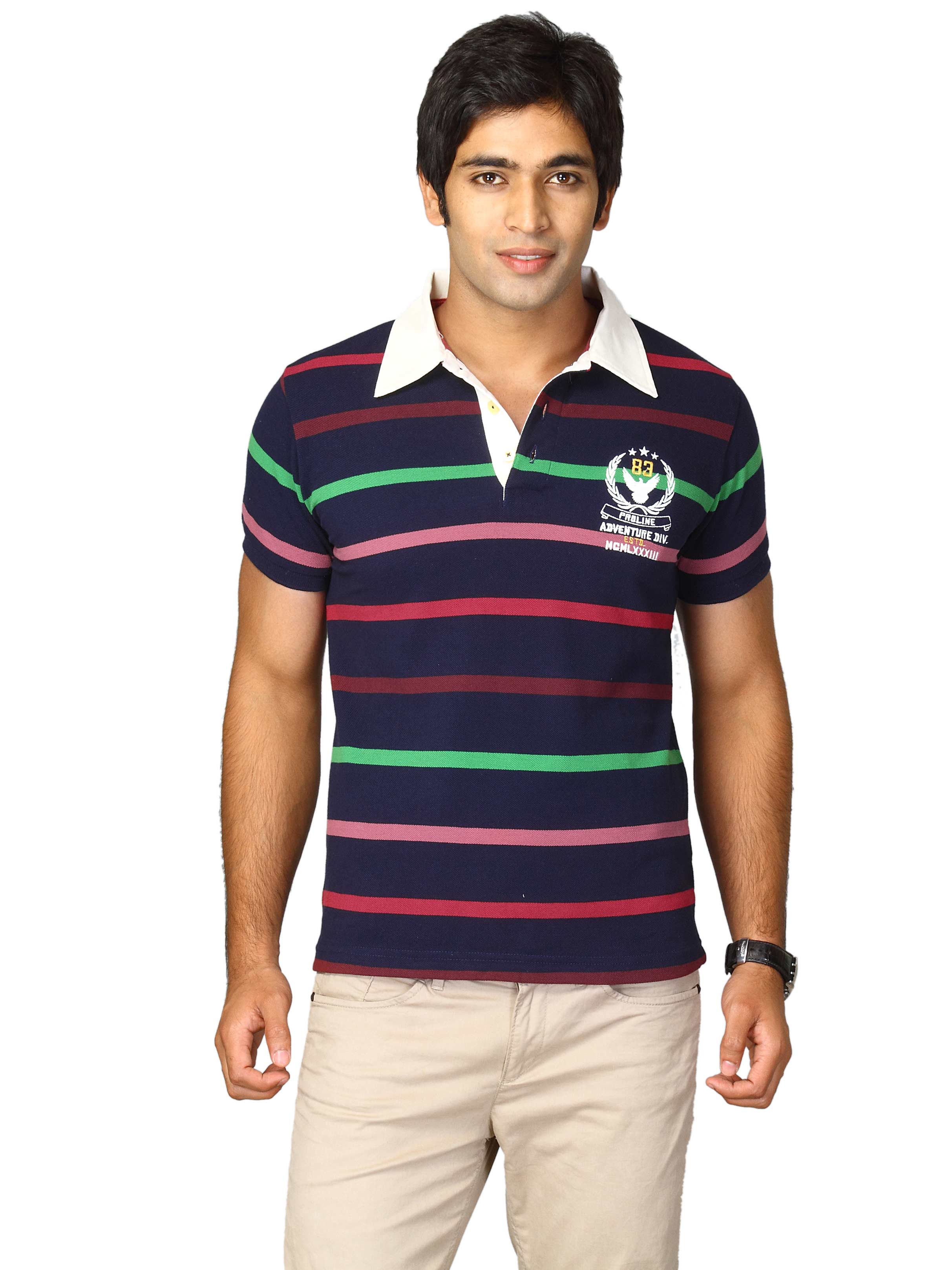 Proline Men Navy Striped Polo T-shirt