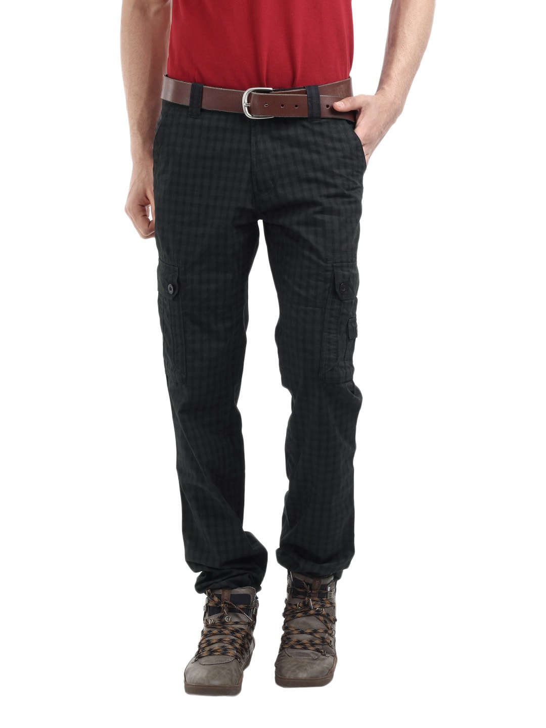 Scullers Men Black Checked Trousers