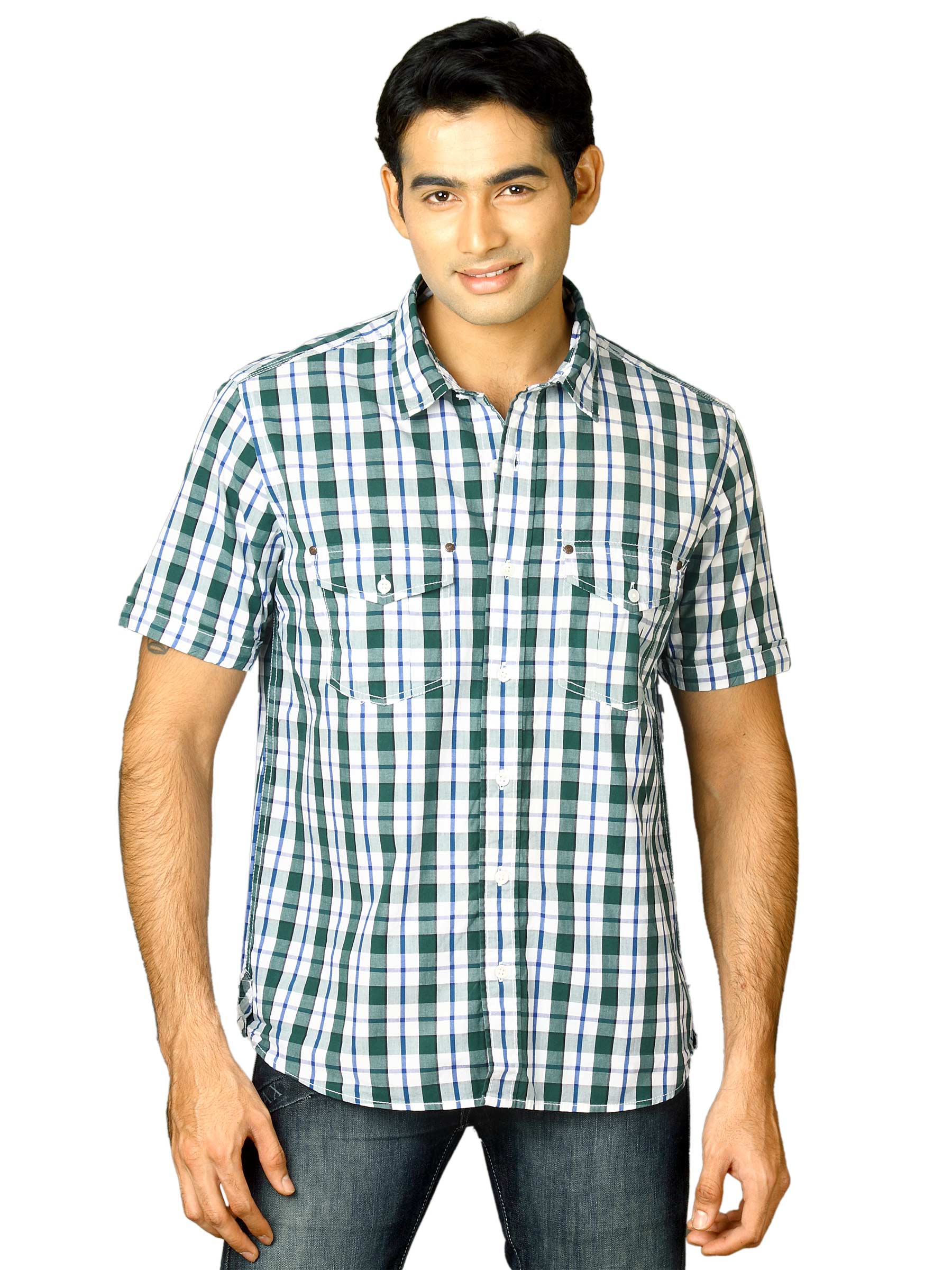 Scullers Men White & Green Check Shirt