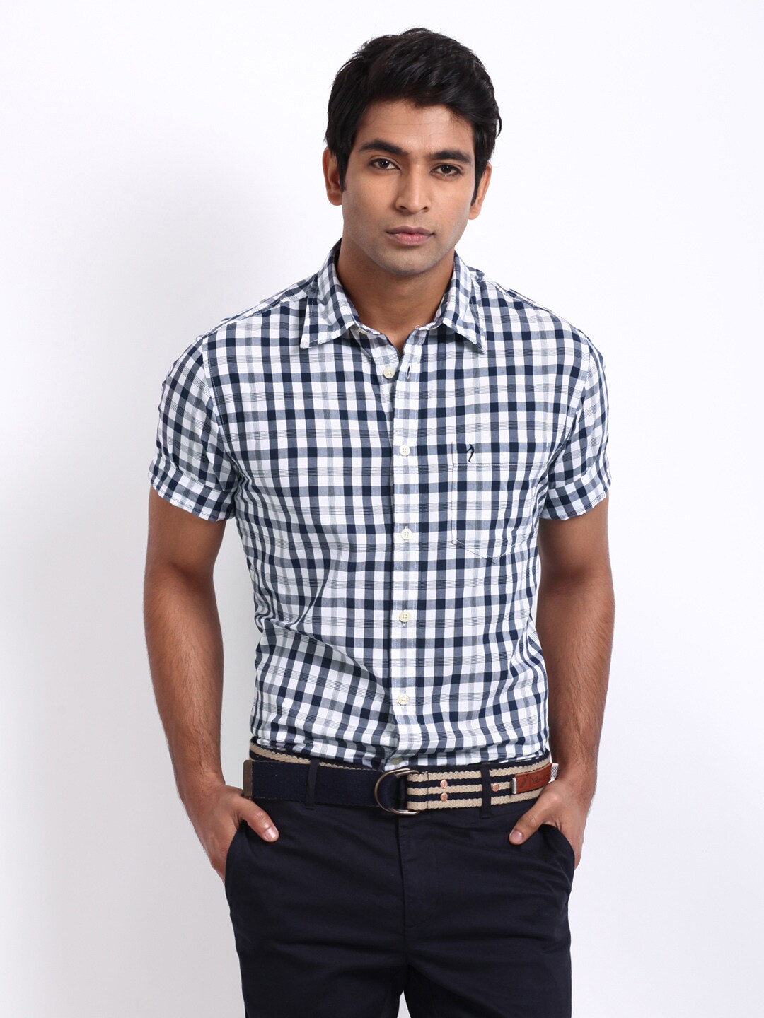 Indian Terrain Men Navy & White Checked Slim Fit Smart-Casual Shirt