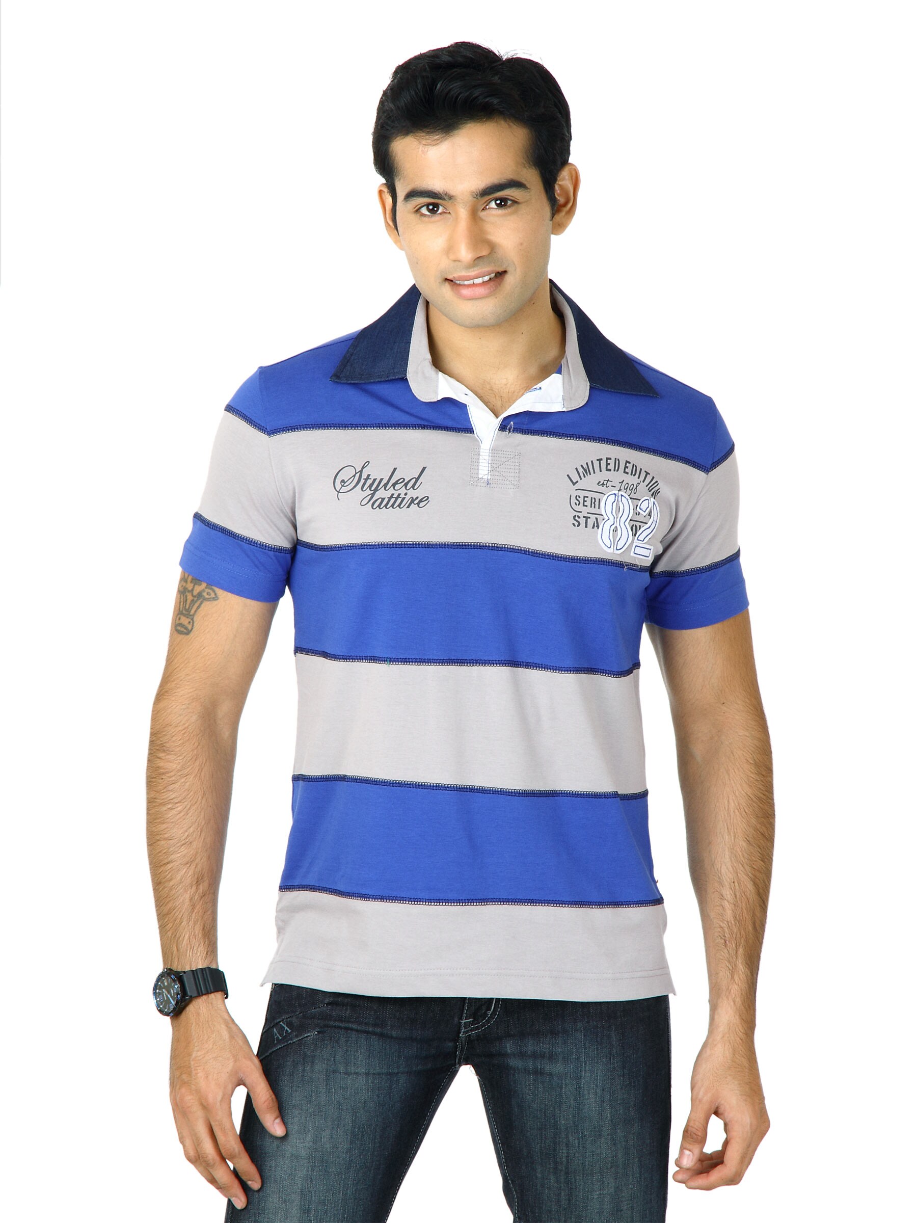 Status Quo Men Grey & Blue Striped T-shirt