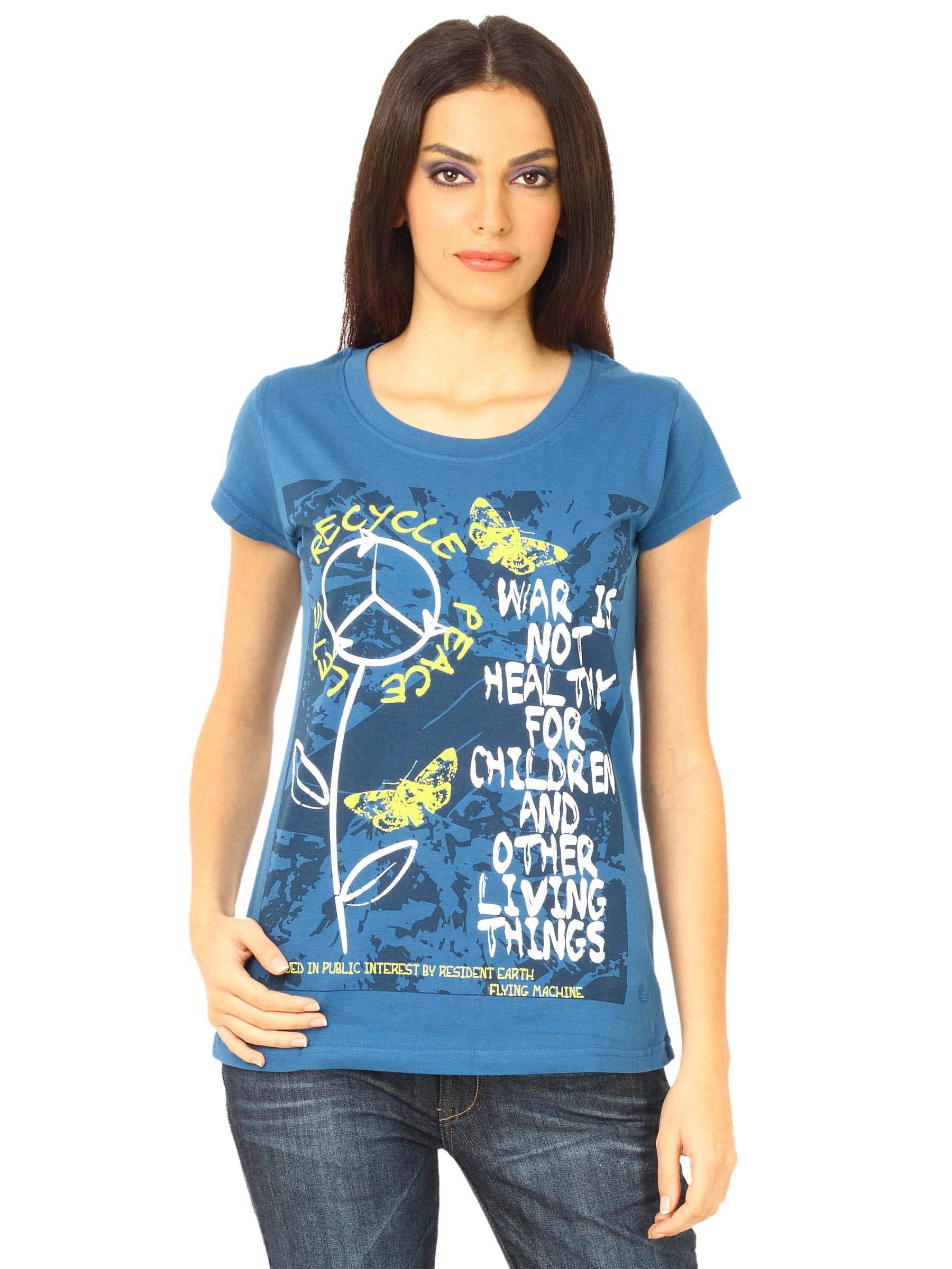 Flying Machine Women Ocean Blue Tshirts