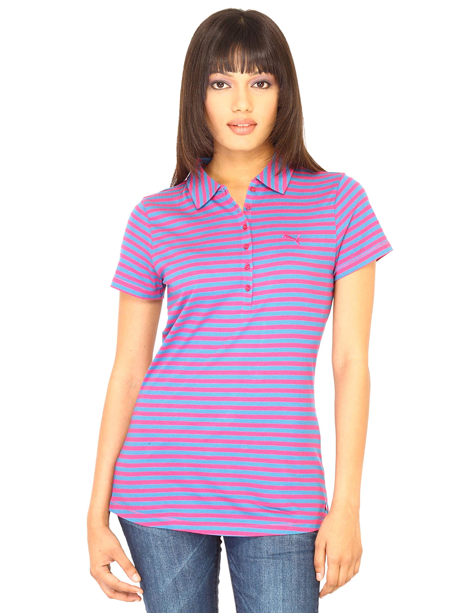 Puma Women Striped Polo Pink Tshirts