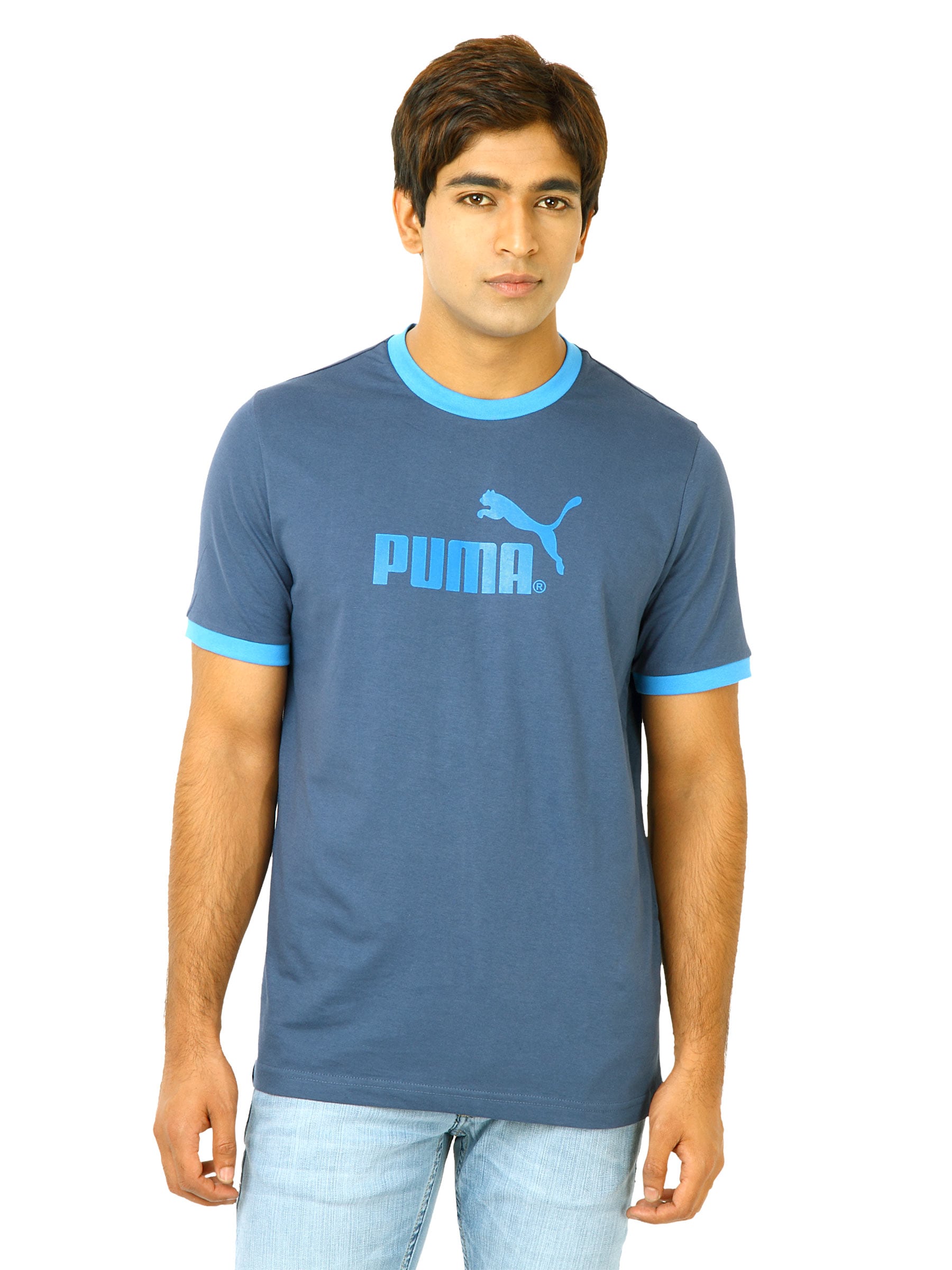 Puma Men Large Logo Ringer Blue Tshirts