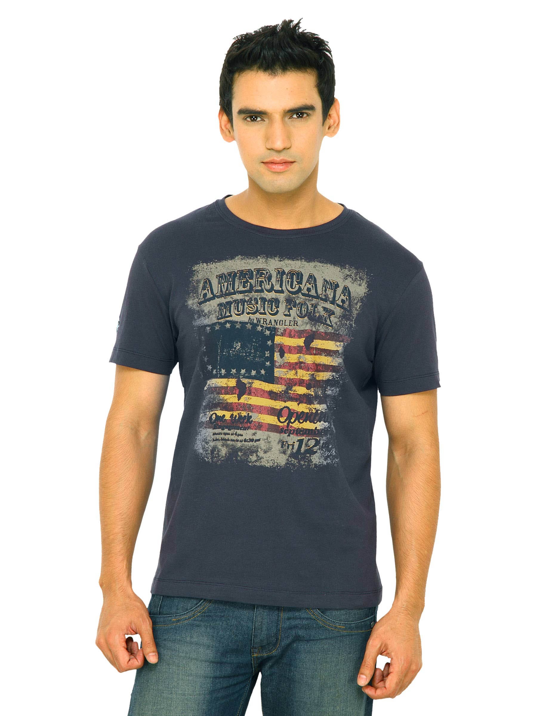 Wrangler Men American Music Folk Navy Blue T-Shirts