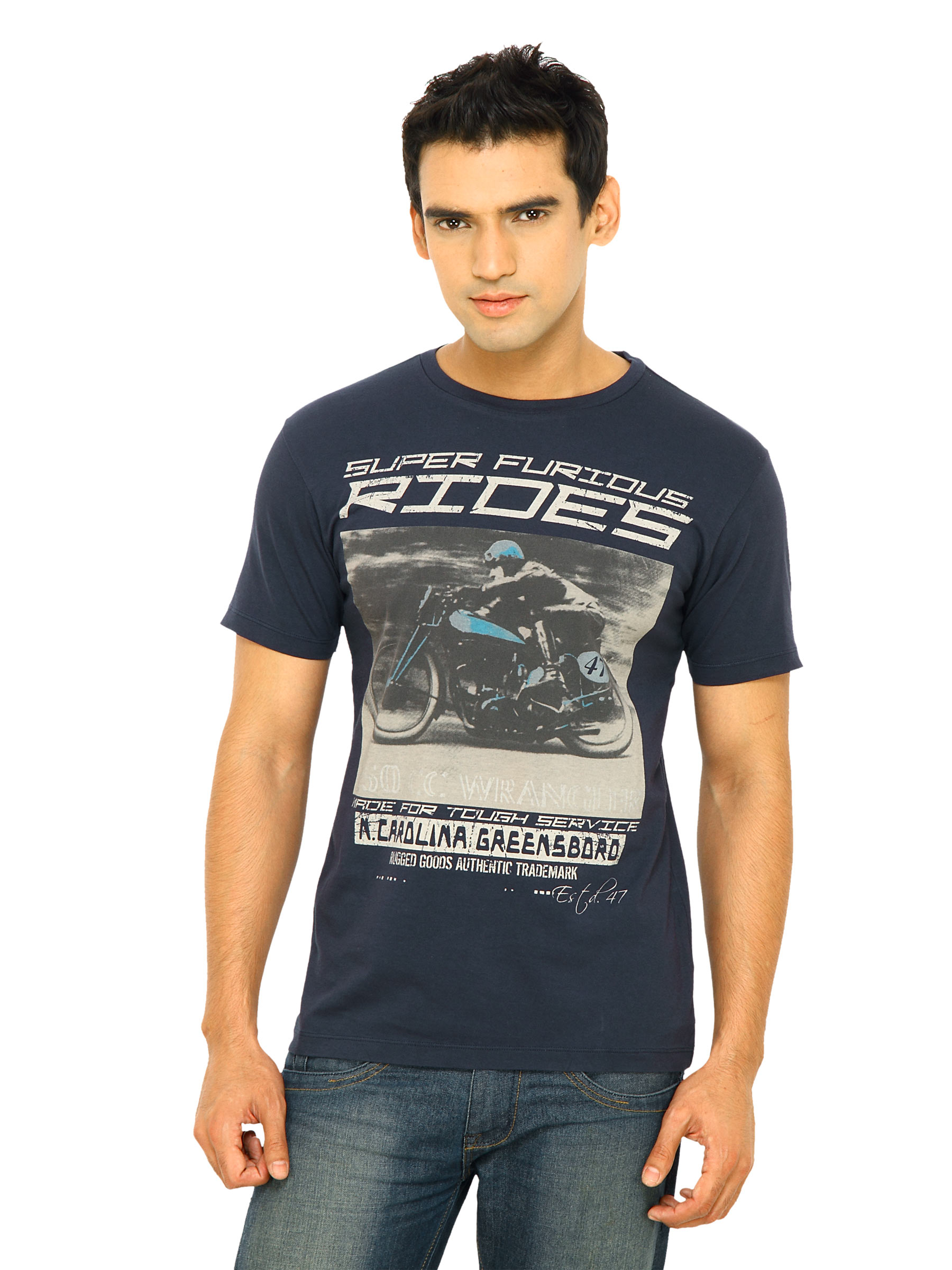 Wrangler Men Furious Rides Navy Blue T-Shirts