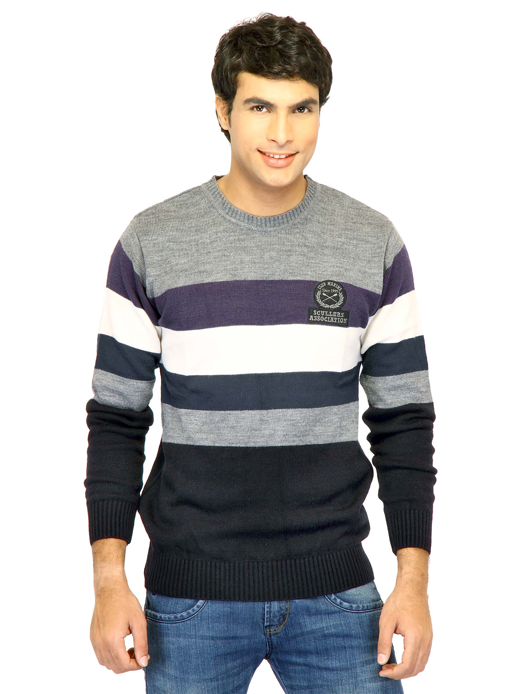 Scullers Men Stripes Grey Sweaters