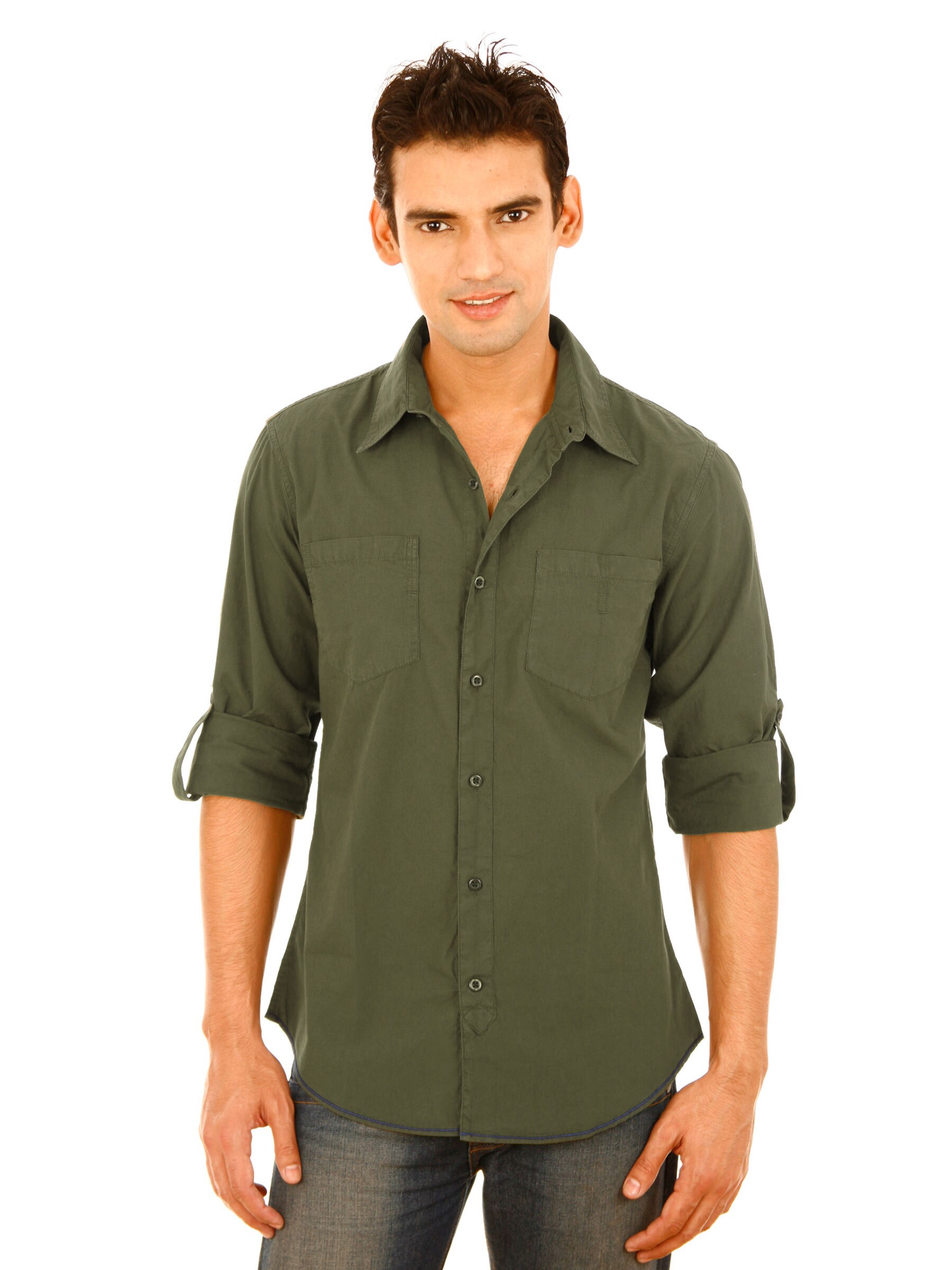 United Colors of Benetton Men Olive Shirts