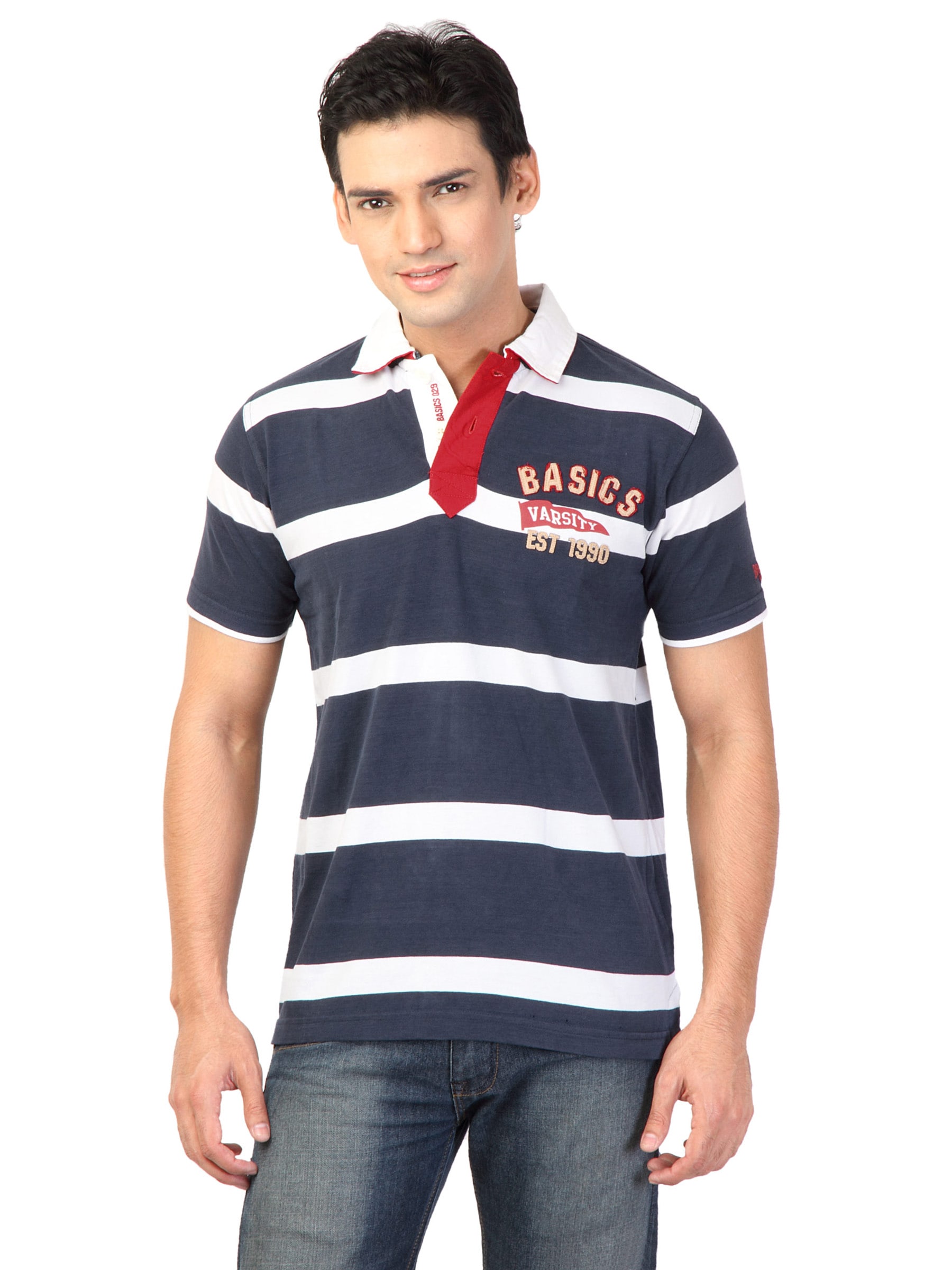 Basics Men Blue Striped Polo T-shirt