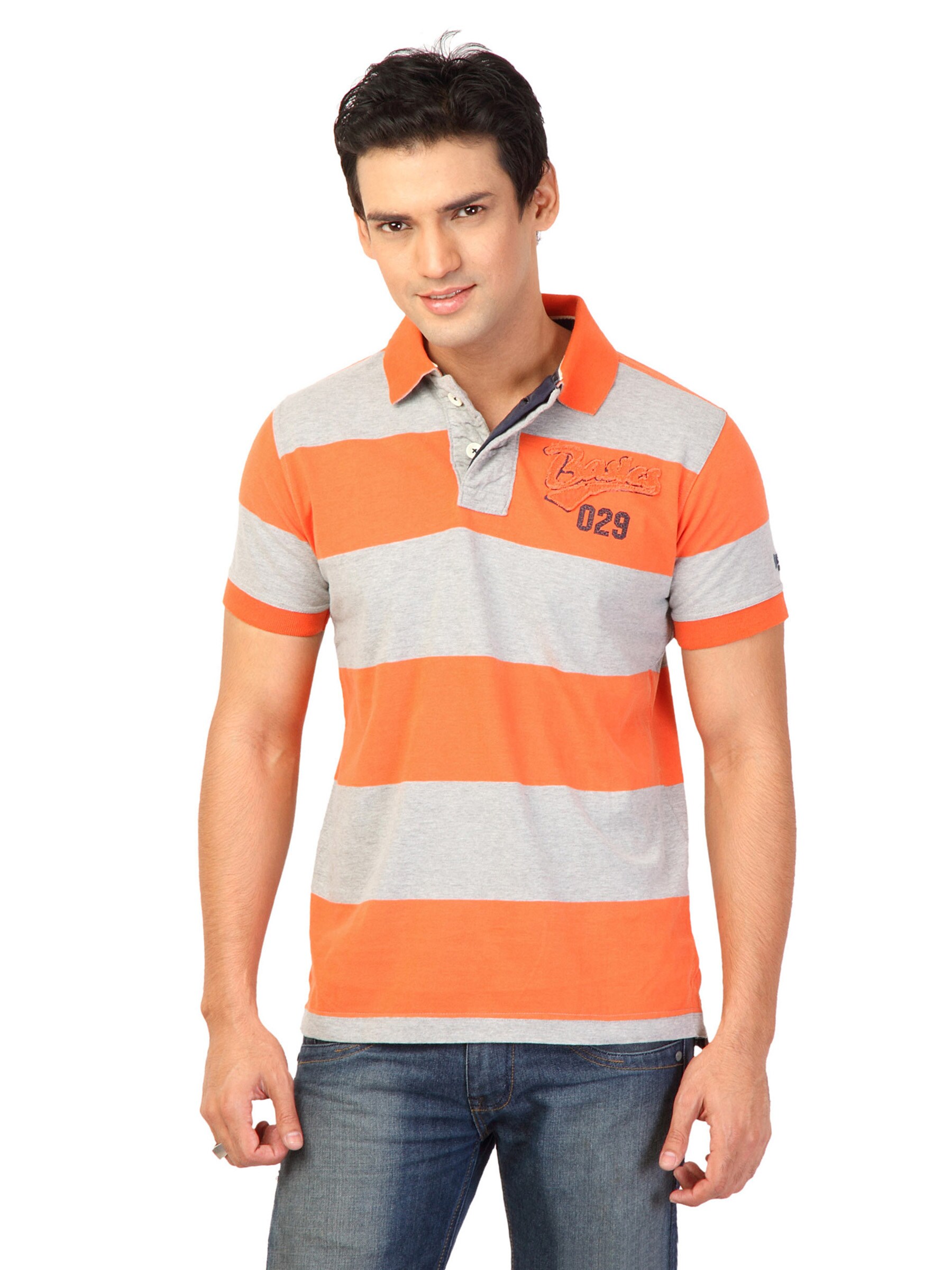 Basics Men Orange Striped T-shirt