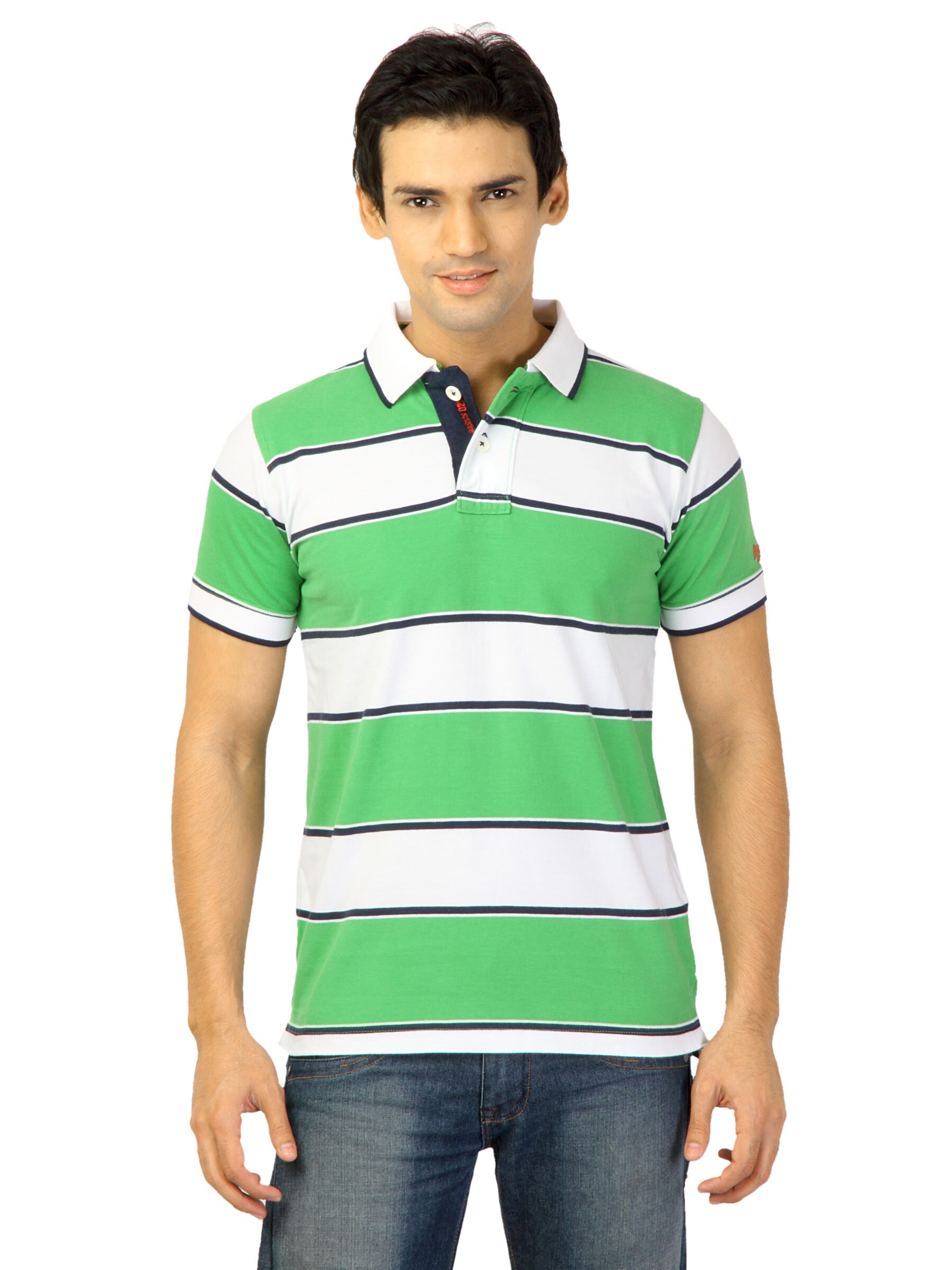 Basics Men Green Striped T-shirt