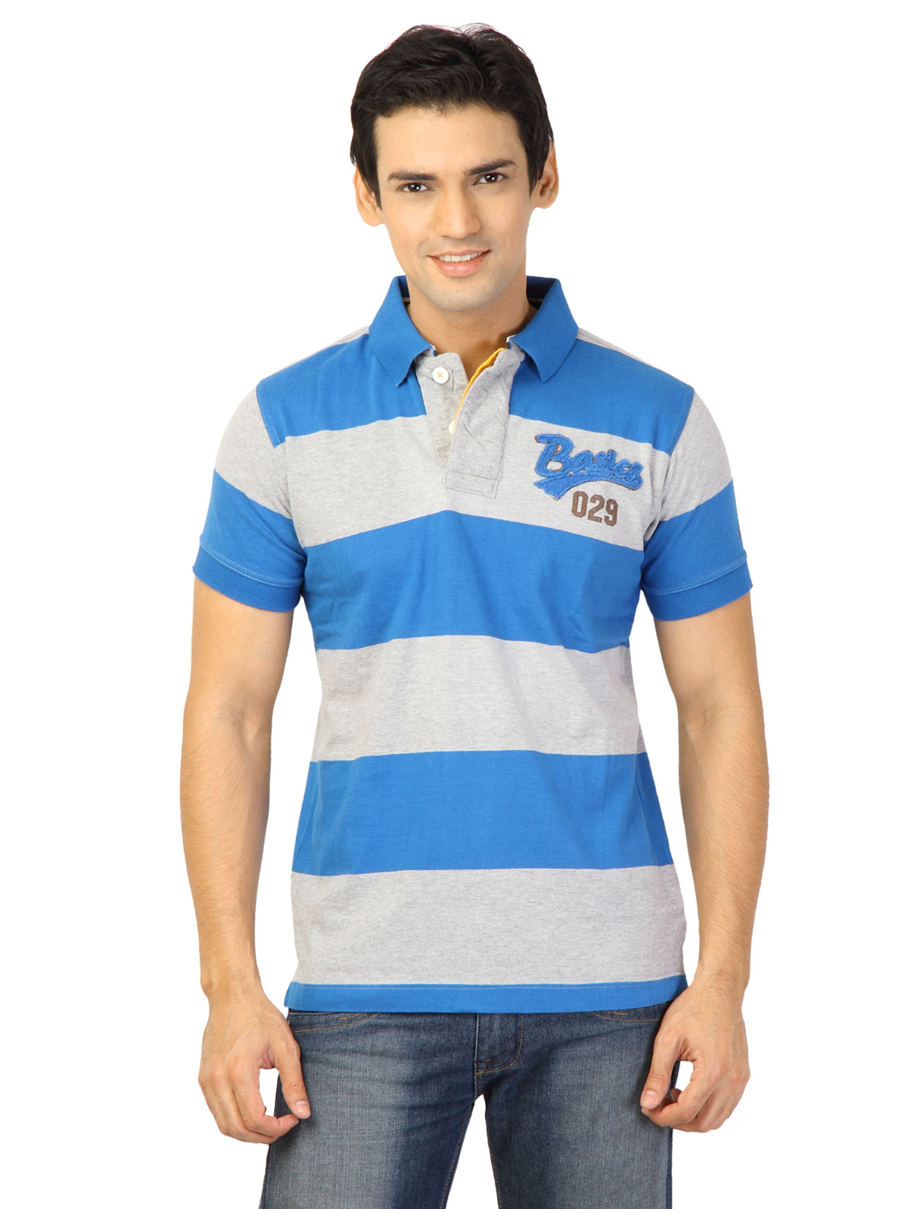 Basics Men Blue Striped T-shirt