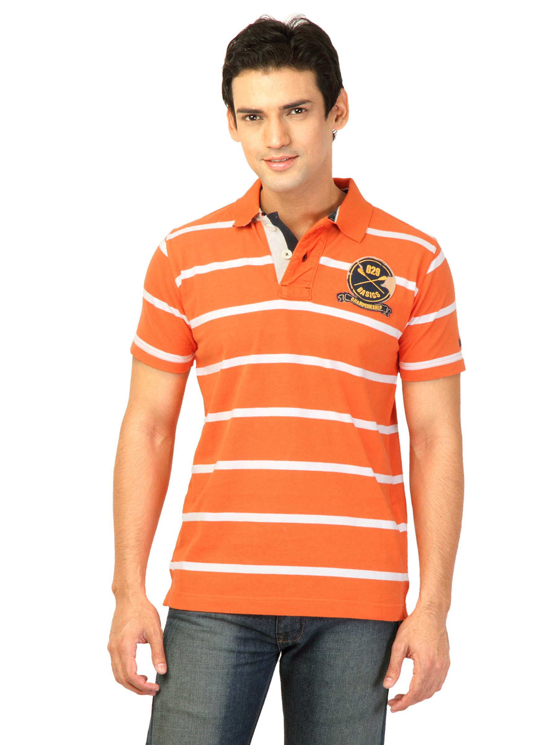 Basics Men Orange Striped Polo T-shirt