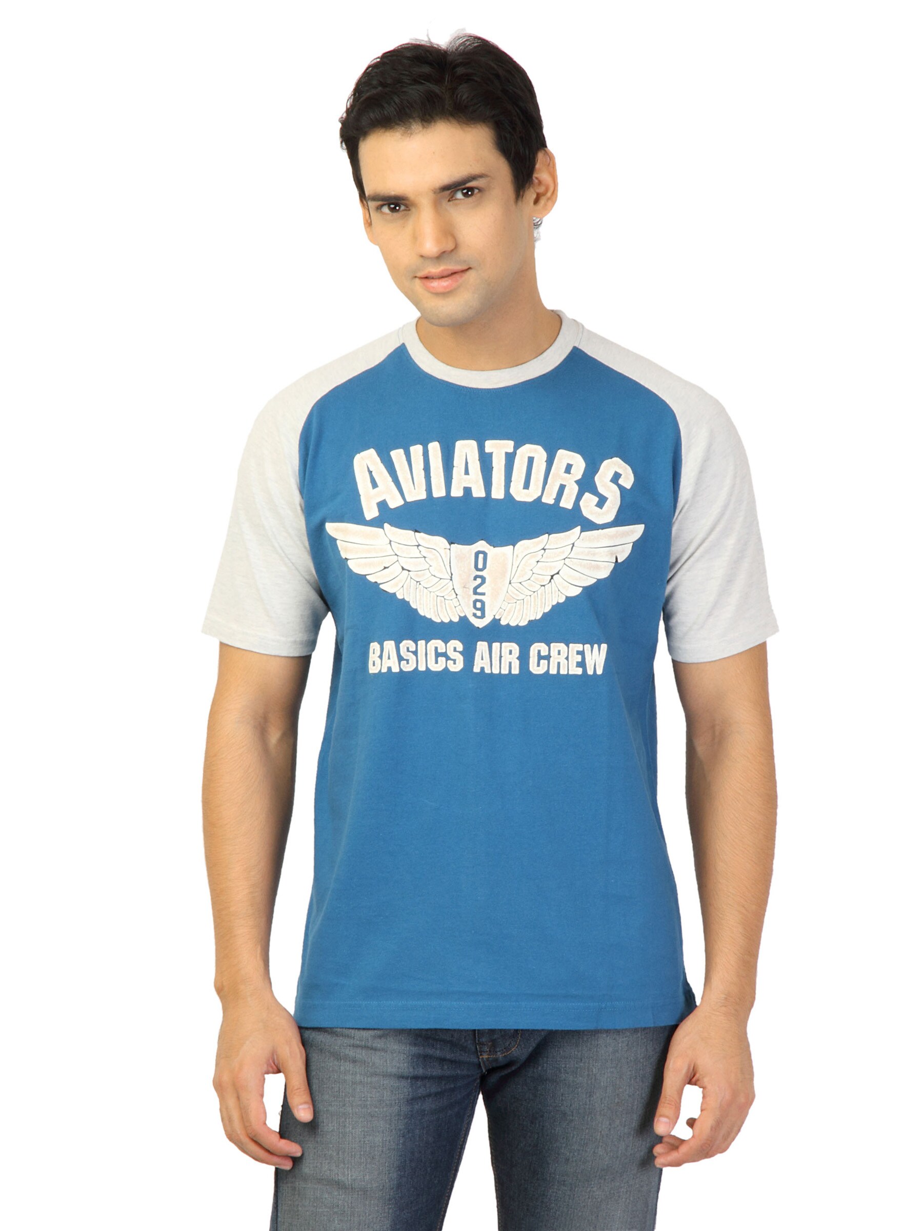 Basics Men Blue Printed T-shirt