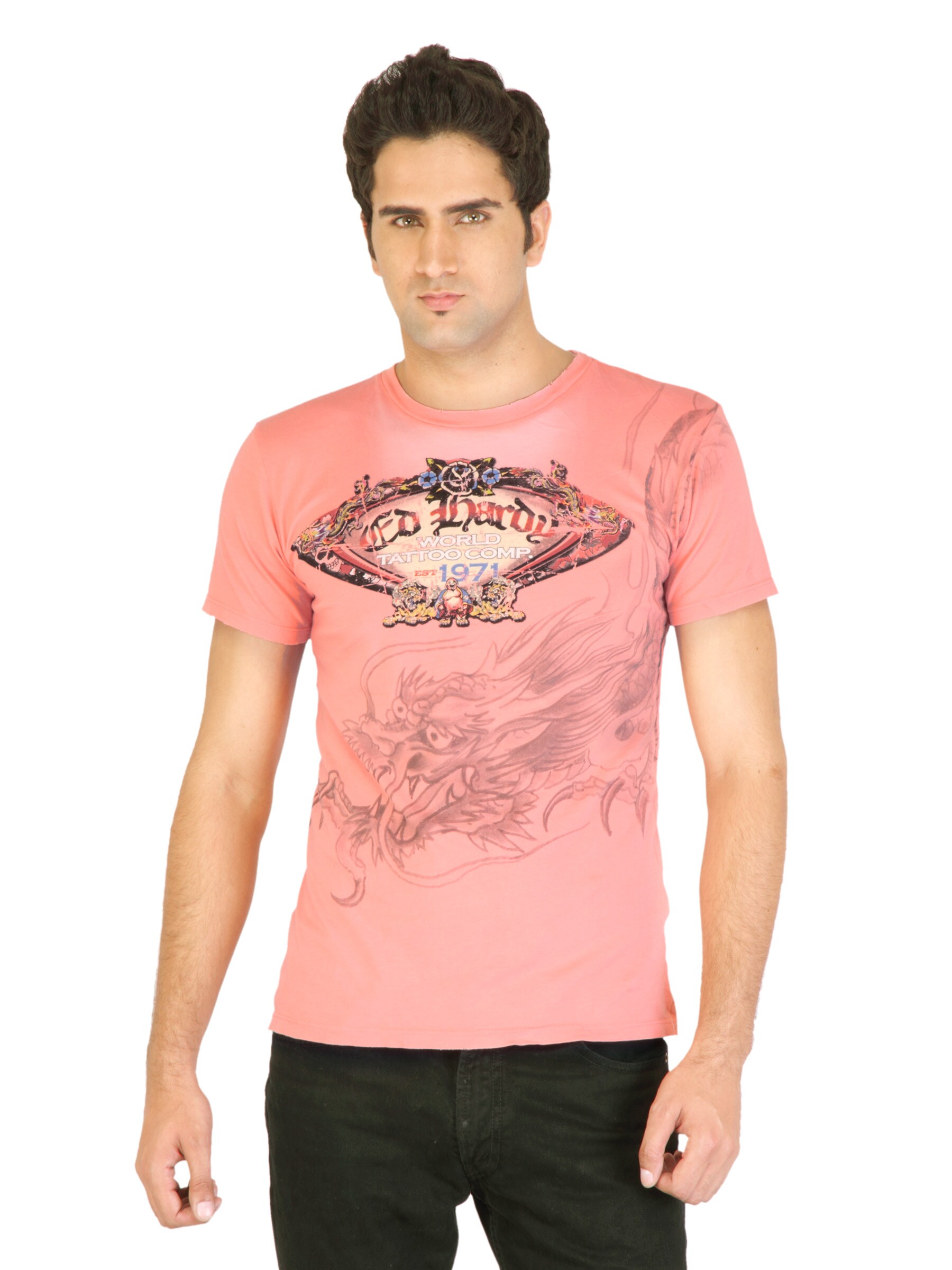 Ed Hardy Men Printed Peach Tshirts