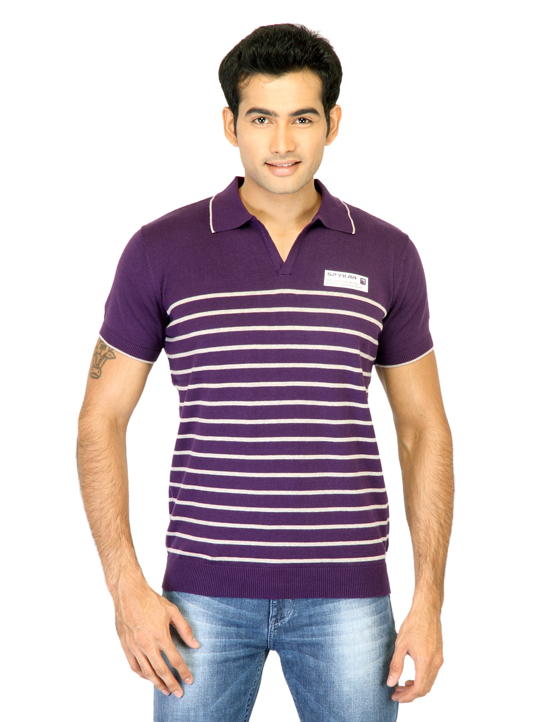 Spykar Men Stripe Purple T-Shirts