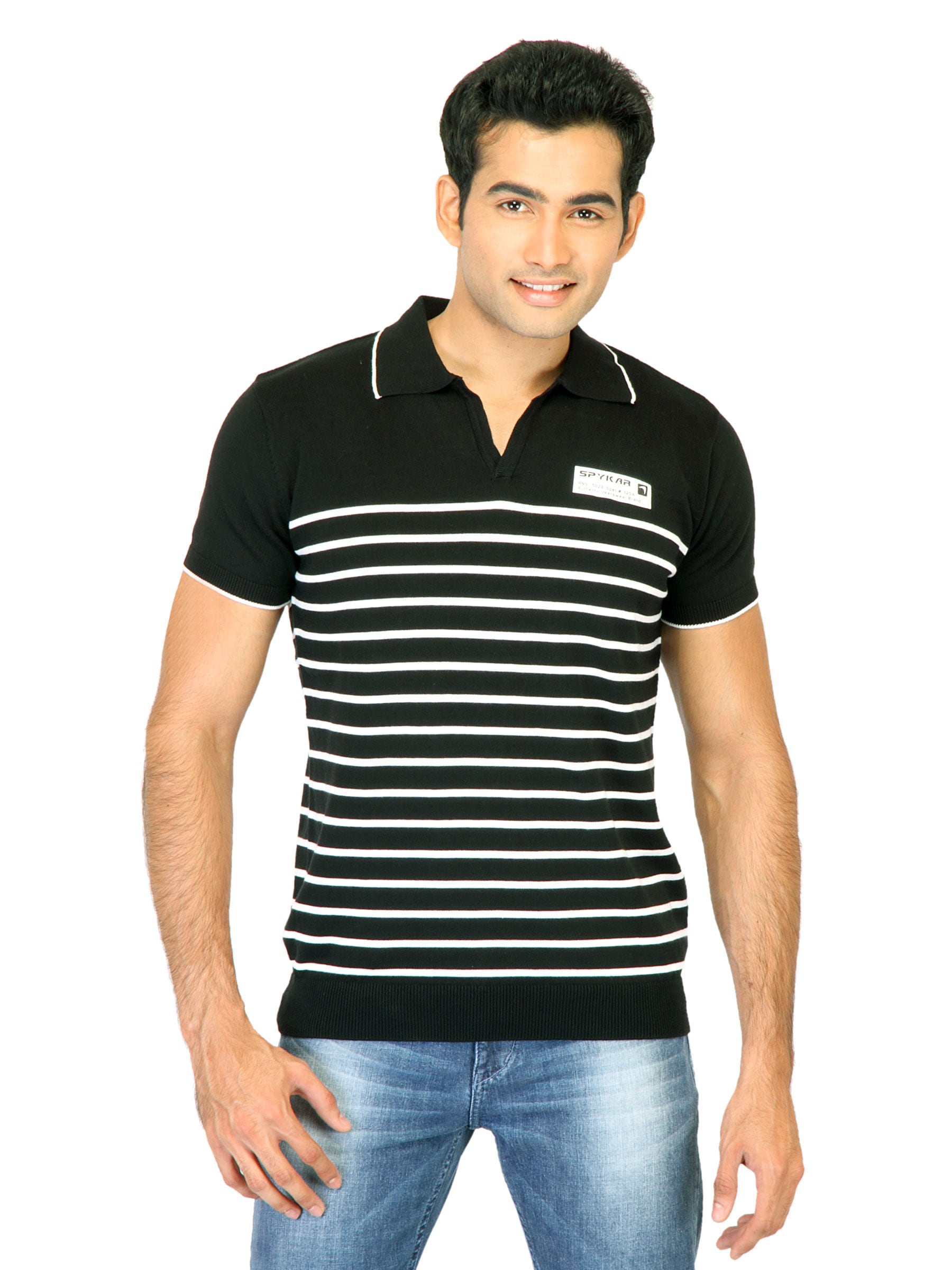 Spykar Men Stripe Black T-Shirts