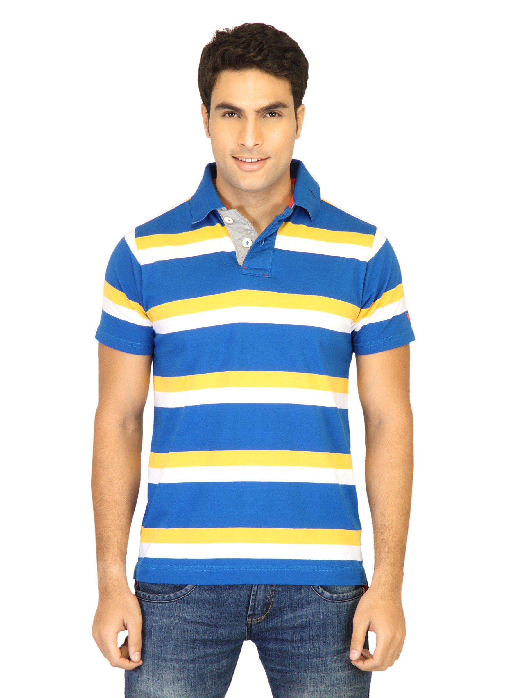 Basics Men Blue Striped T-shirt