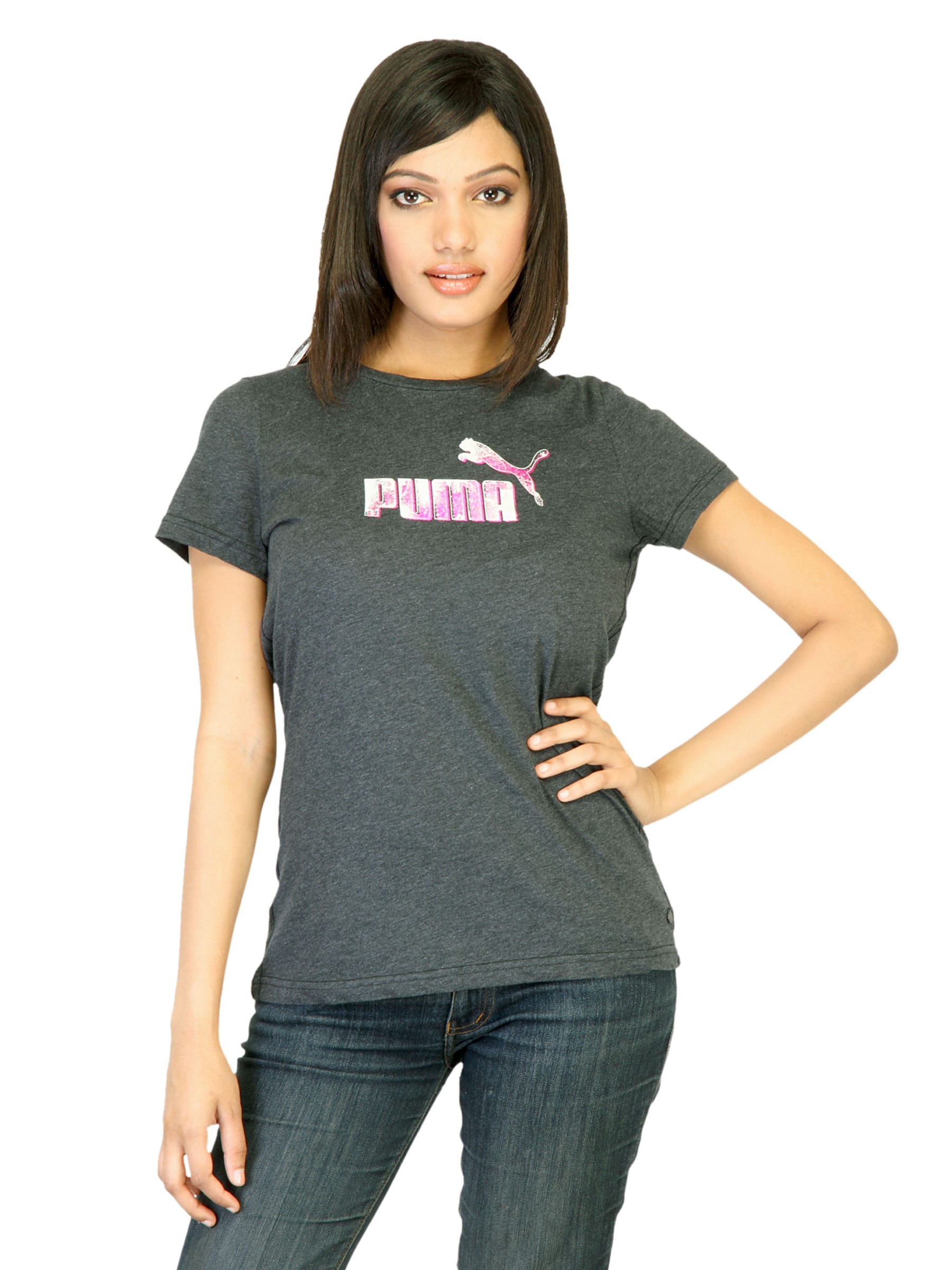 Puma Women Dark Heather Fuchsia Grey Tshirts