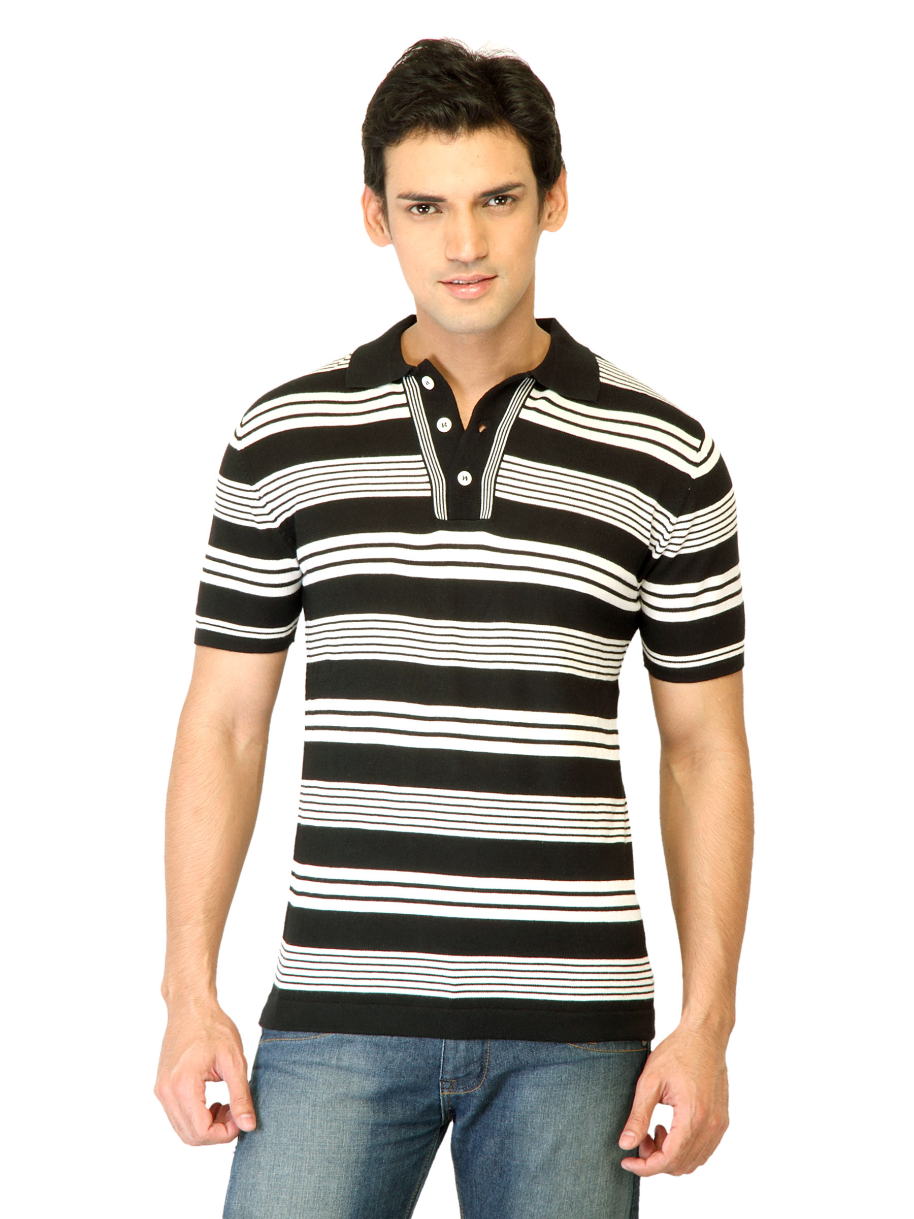 United Colors of Benetton Men Stripes Black Polo T-shirts