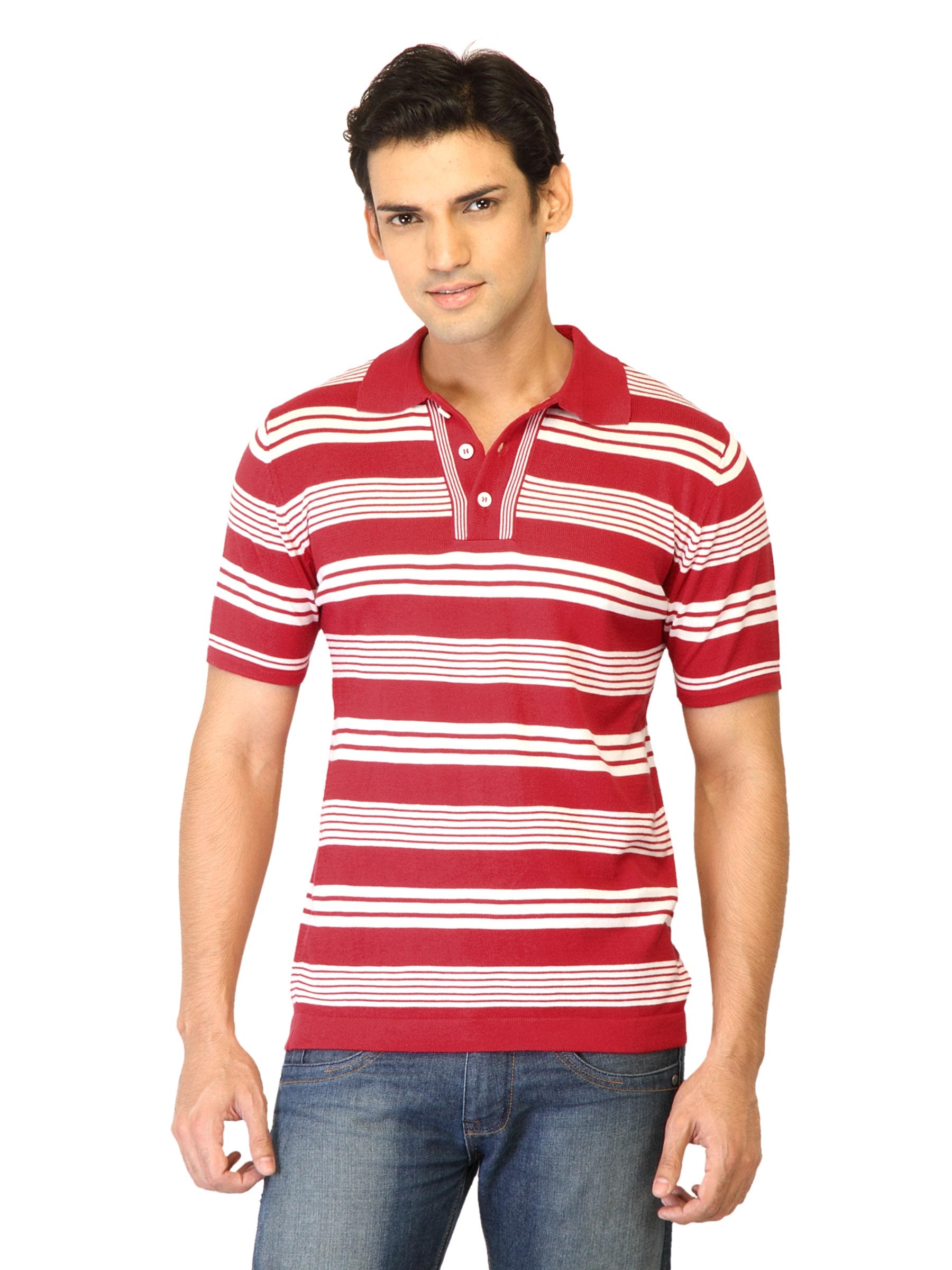 United Colors of Benetton Men Stripes Red  Polo T-shirts