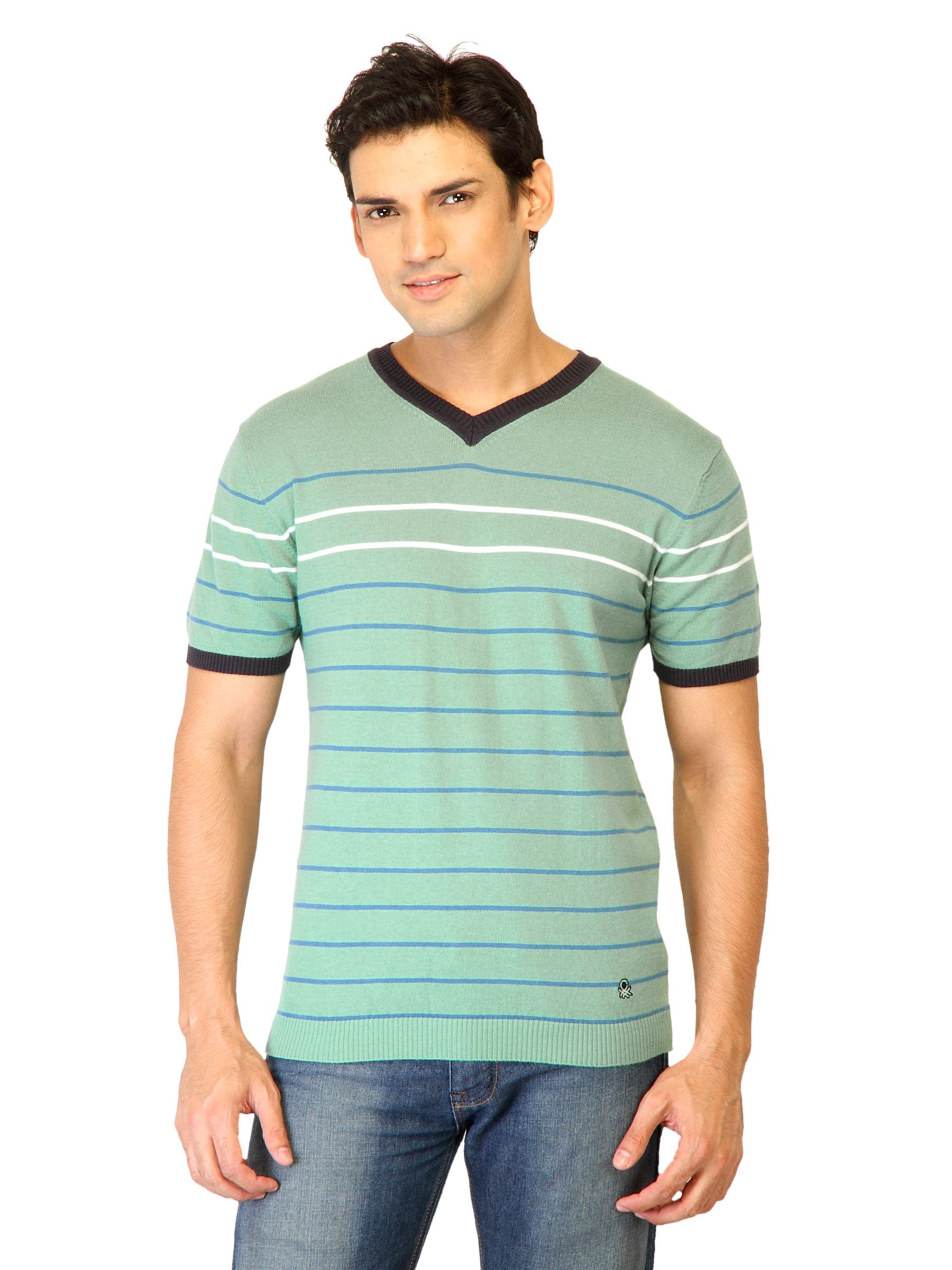 United Colors of Benetton Men Stripes Green Tshirts
