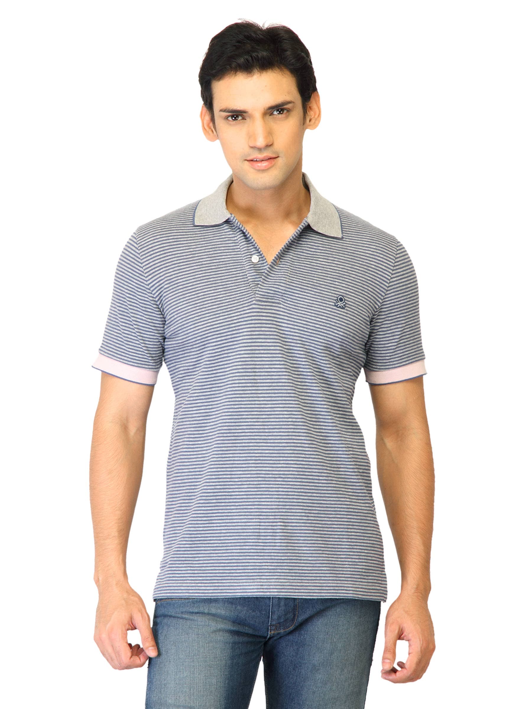 United Colors of Benetton Men Stripes Grey Polo T-shirts
