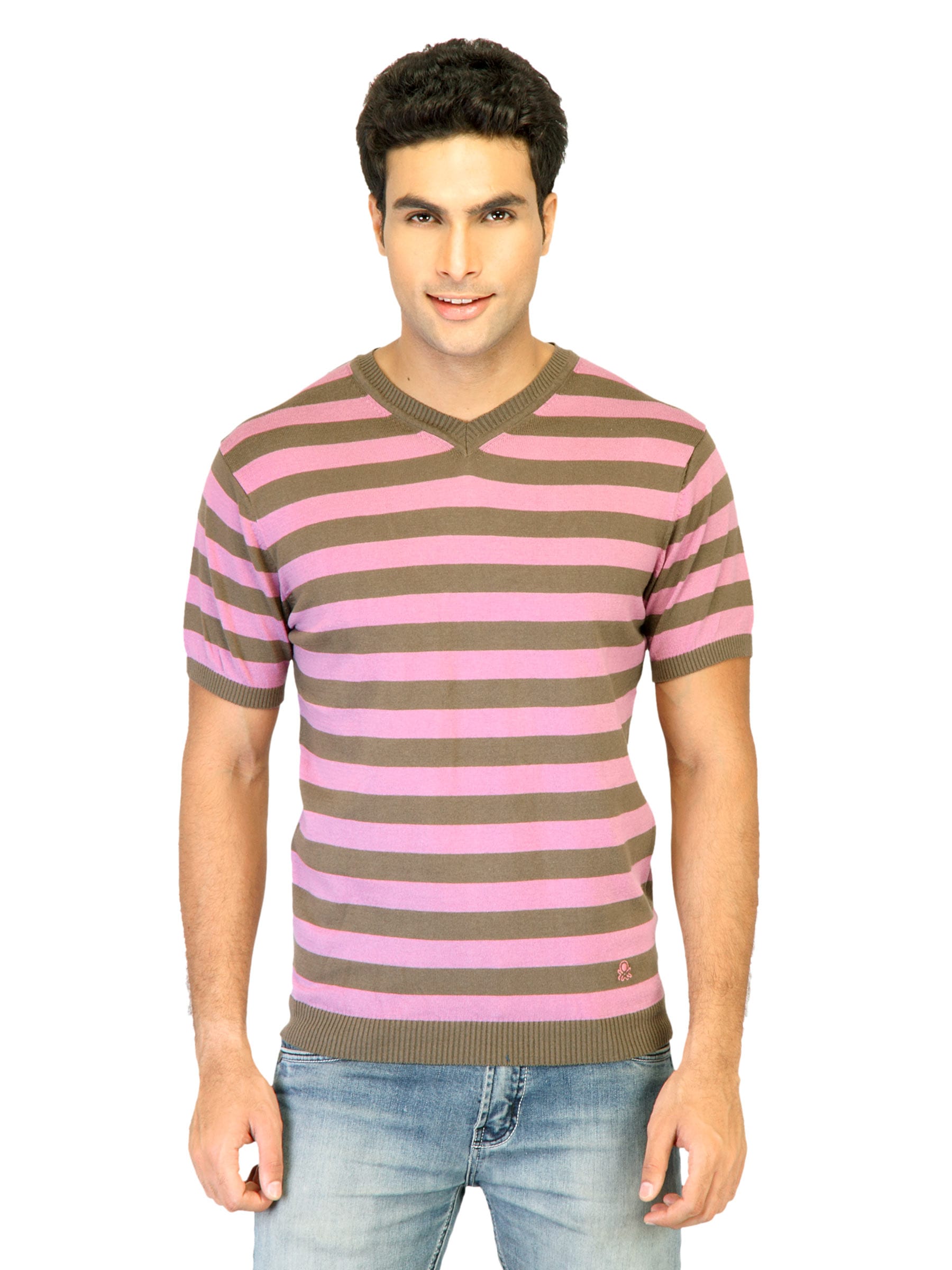 United Colors of Benetton Men Stripes Pink Tshirts