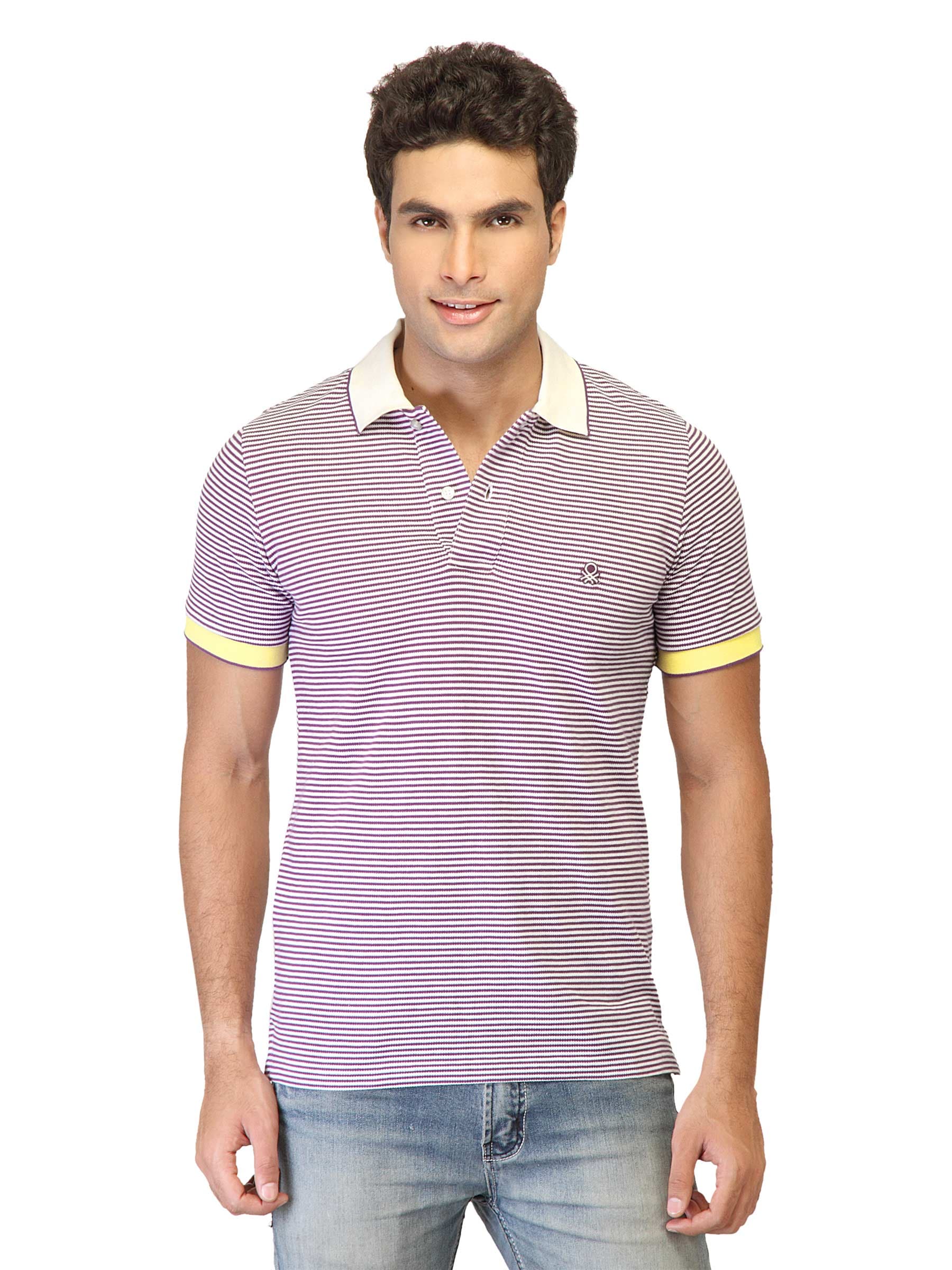 United Colors of Benetton Men Stripes Purple Polo T-shirts
