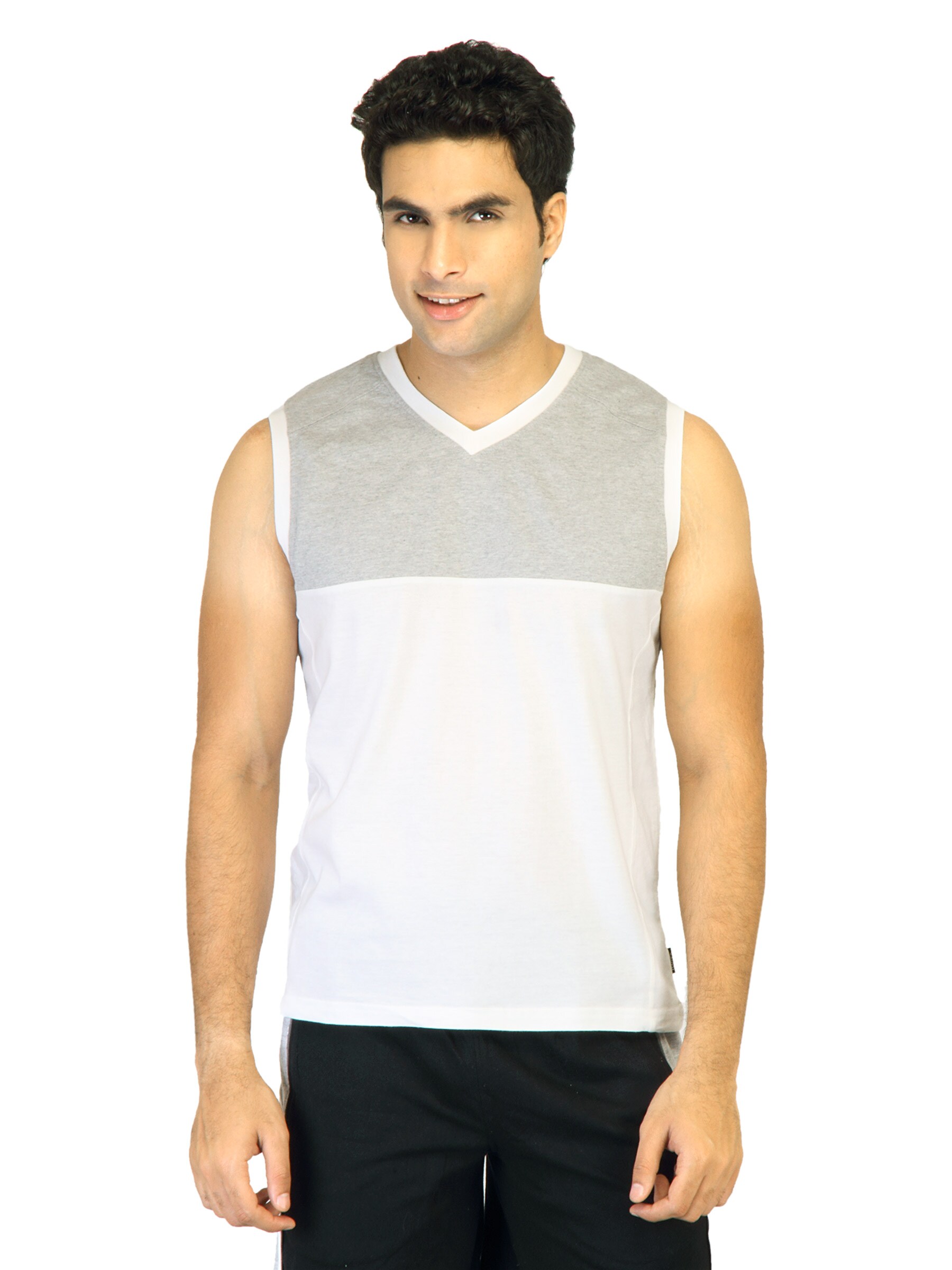 Hanes Men Sleeveless V Neck White Grey Innerwear T-shirt