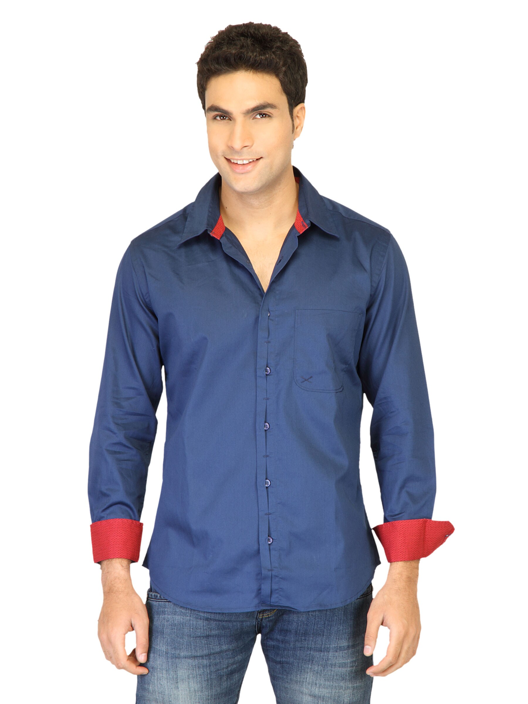 Scullers Men Solid Navy Blue Shirts