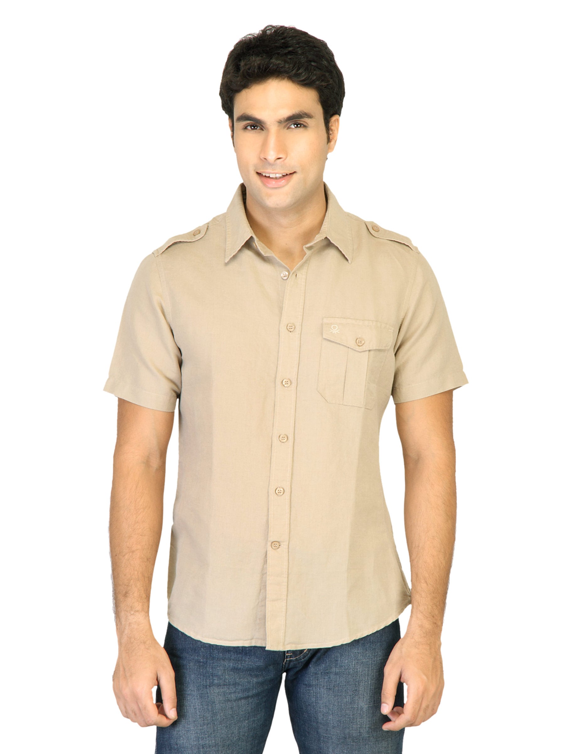 United Colors of Benetton Men Solid Beige Shirts