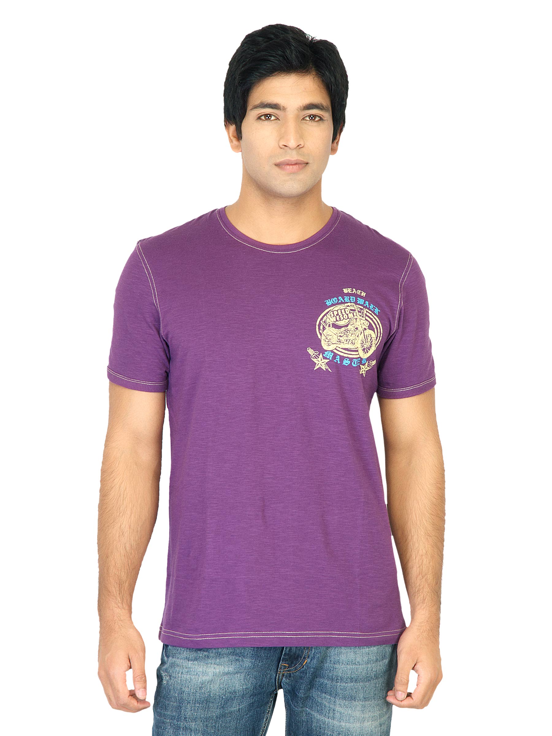 United Colors of Benetton Men Printed Purple Tshirts